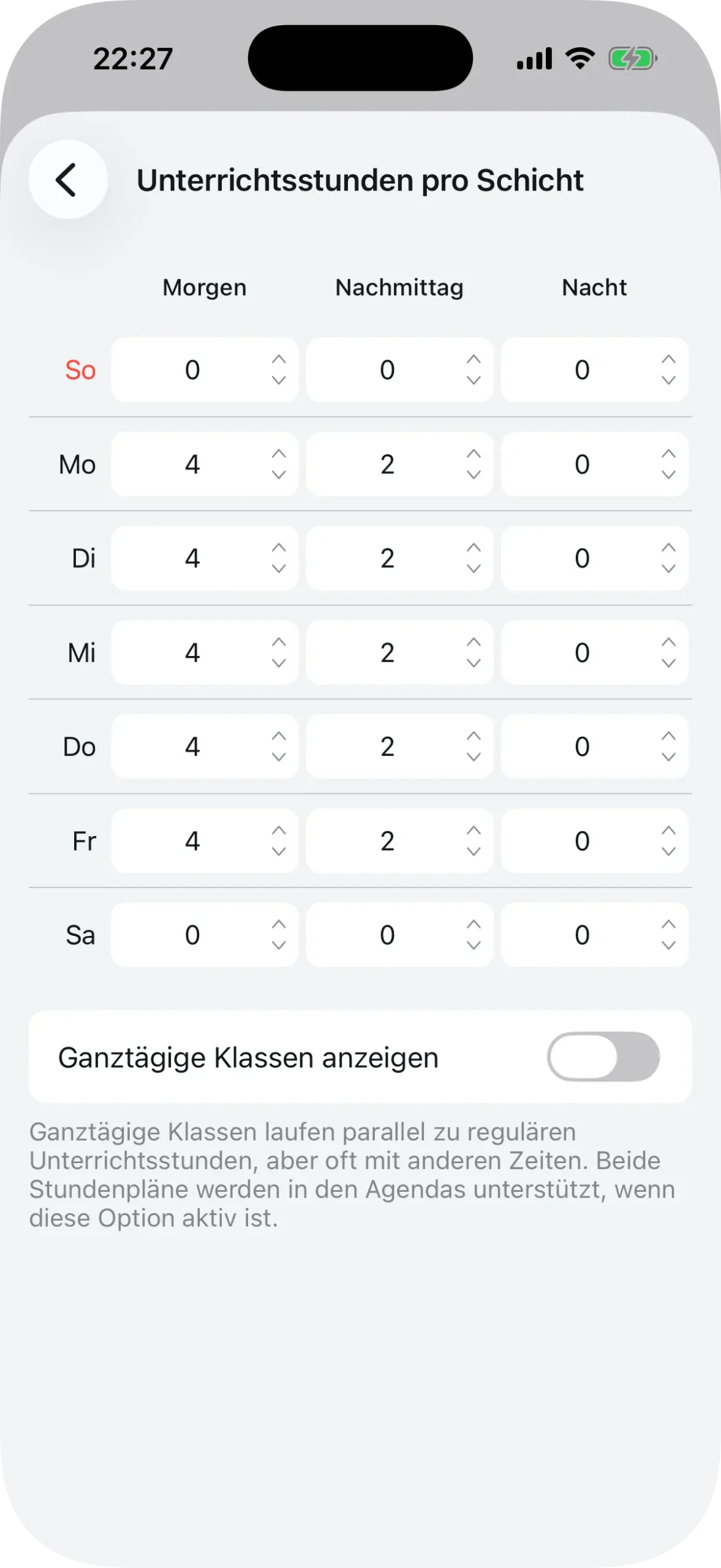 Tabelle der Unterrichtsstunden pro Schicht mit Wochentagen und Schichtspalten