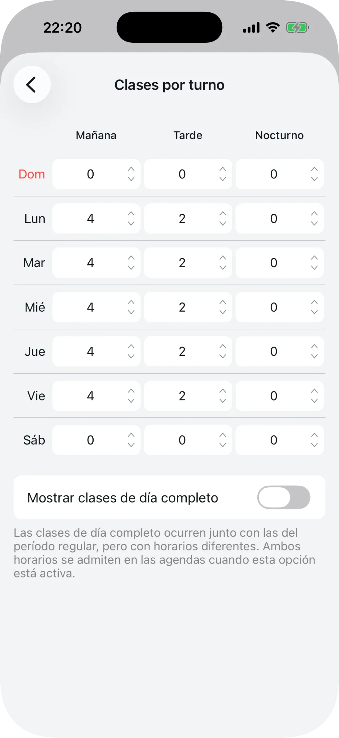 Tabla de clases por turno mostrando días de la semana y columnas de turnos