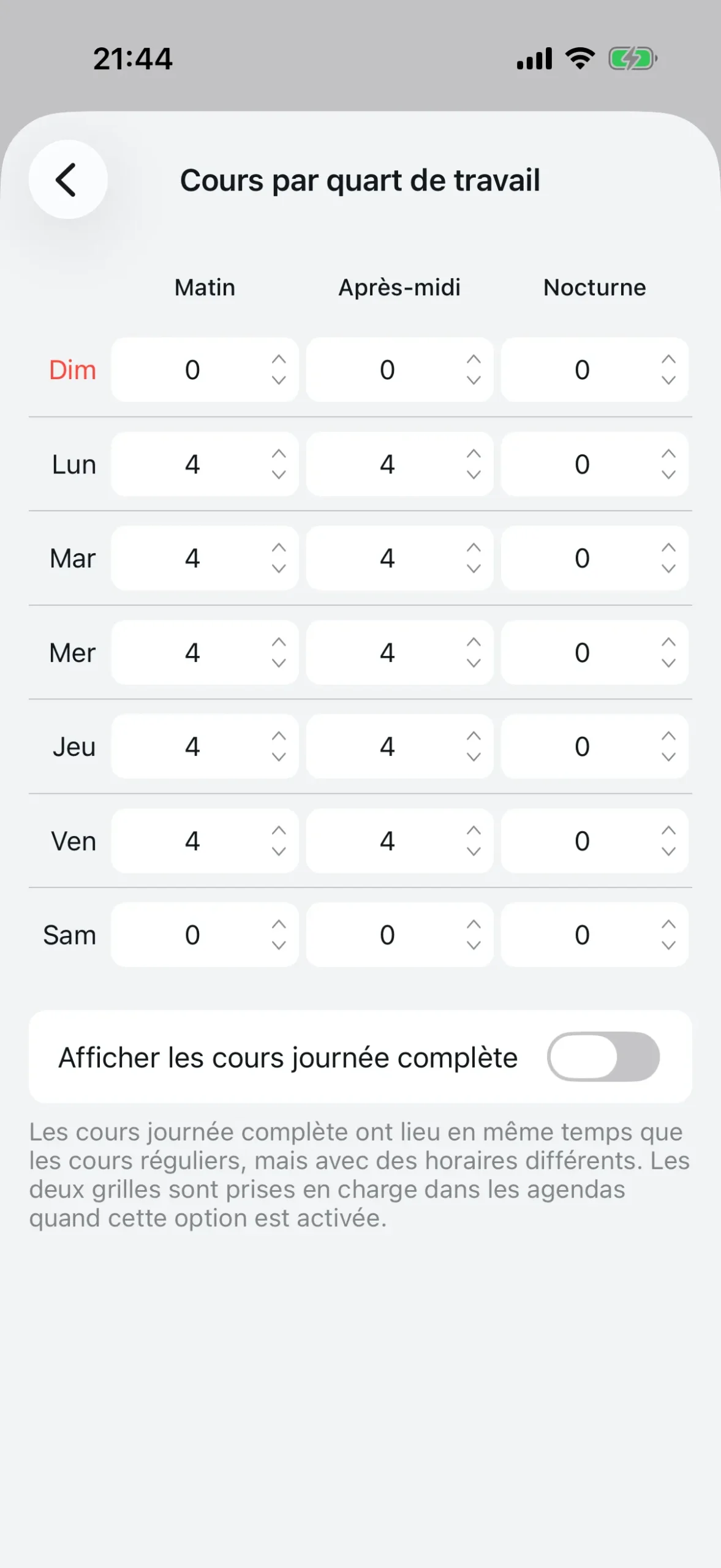 Grille des cours par créneau avec jours de la semaine et colonnes de créneaux