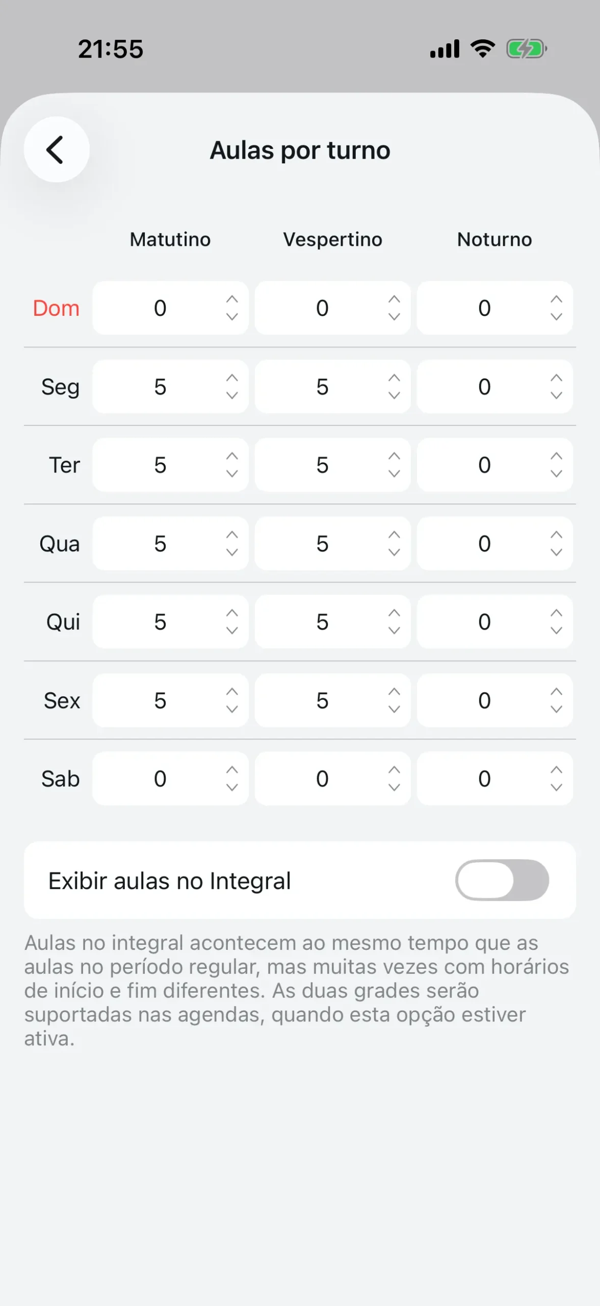 Grade de aulas por turno mostrando dias da semana e períodos