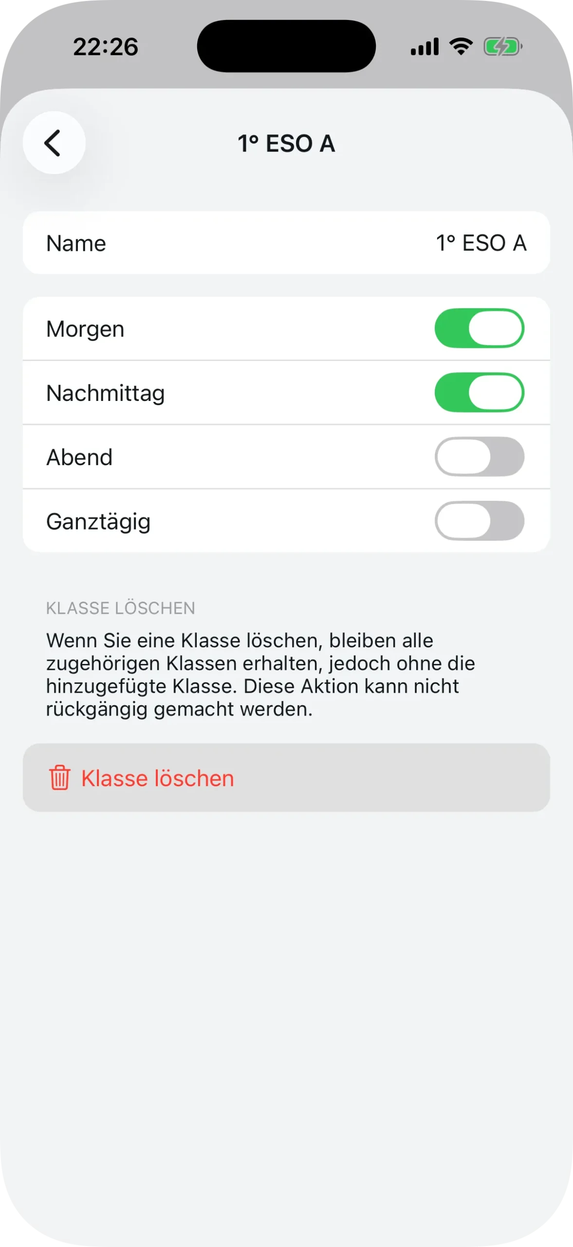 Detailansicht einer Klasse mit Name und ausgewählten Schichten