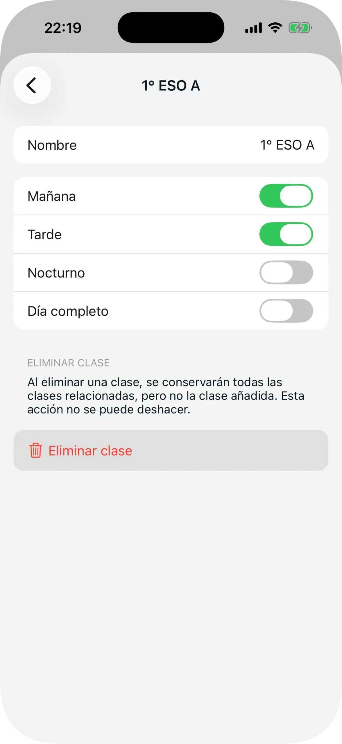 Detalle de una clase con nombre y turnos seleccionados