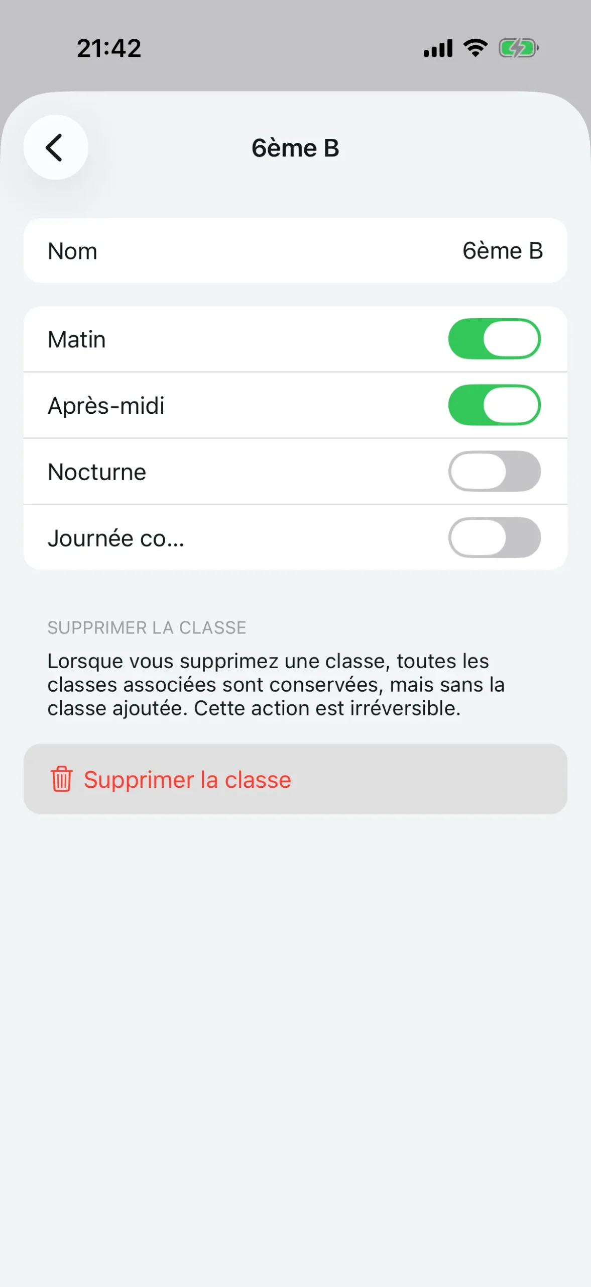 Détail d'un cours avec nom et créneaux sélectionnés