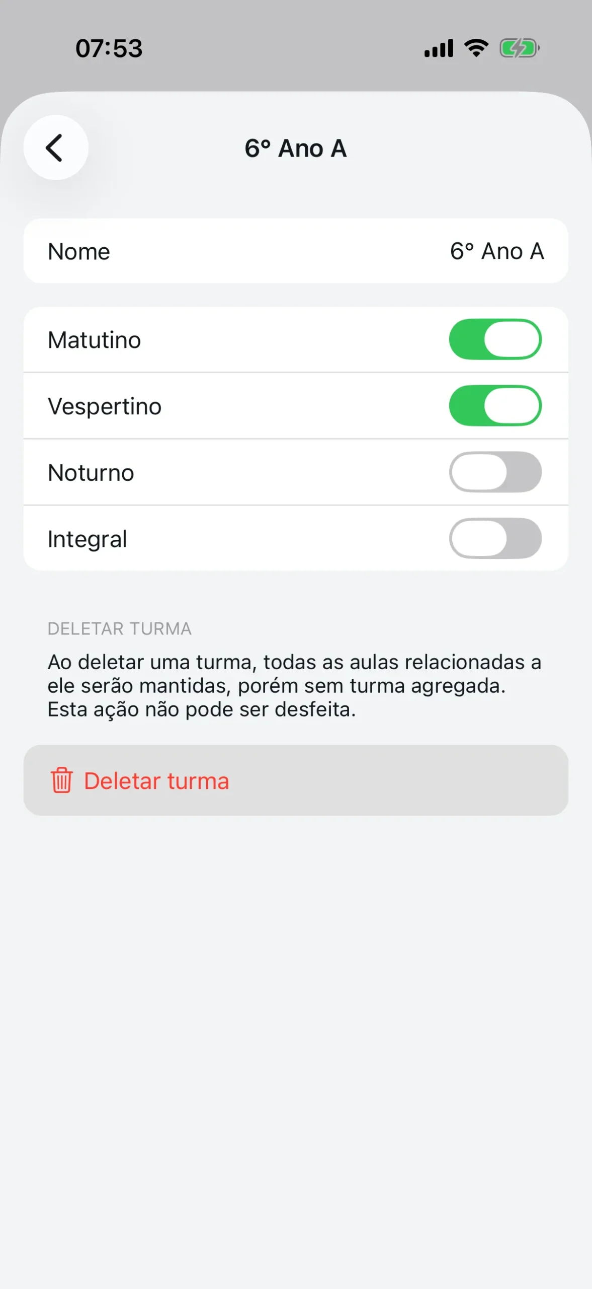 Detalhe de uma turma com nome e turnos selecionados