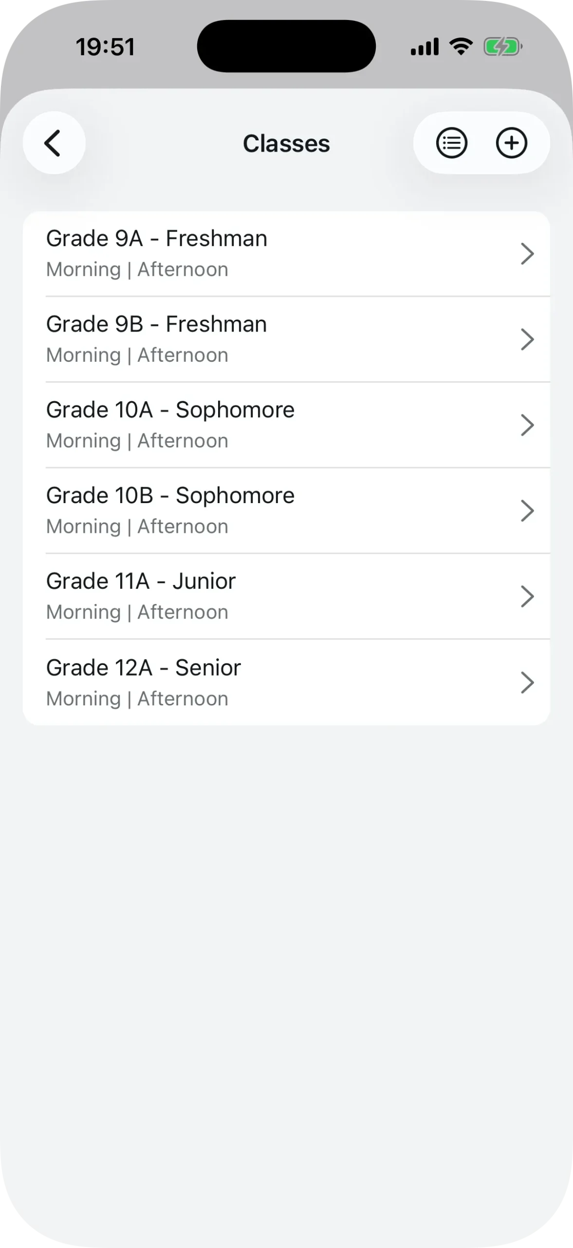 List of classes with shifts assigned to each one