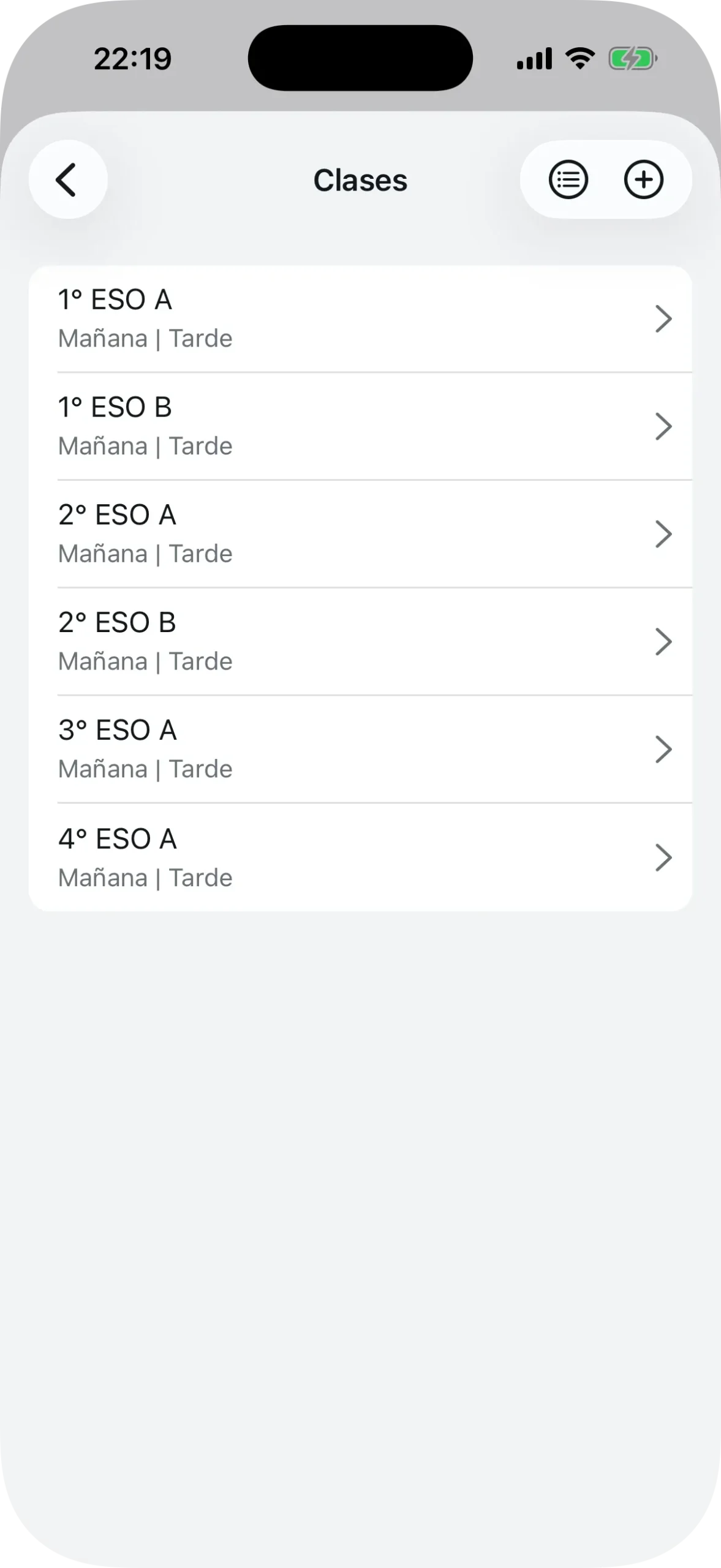 Lista de clases con turnos asignados a cada una