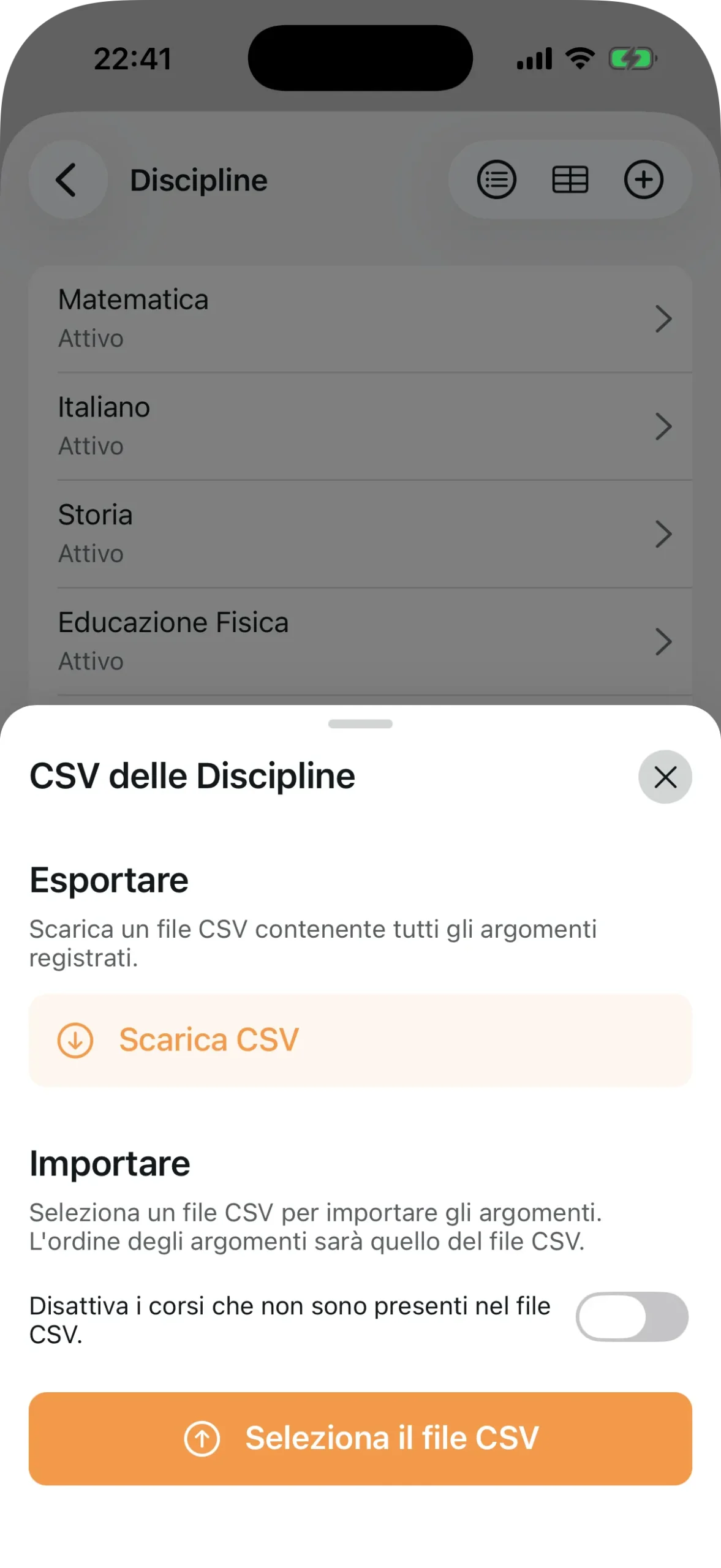 Modale di importazione ed esportazione CSV per le discipline