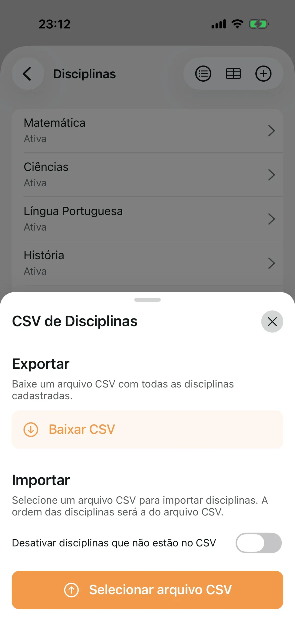 Modal de importação e exportação de disciplinas por CSV