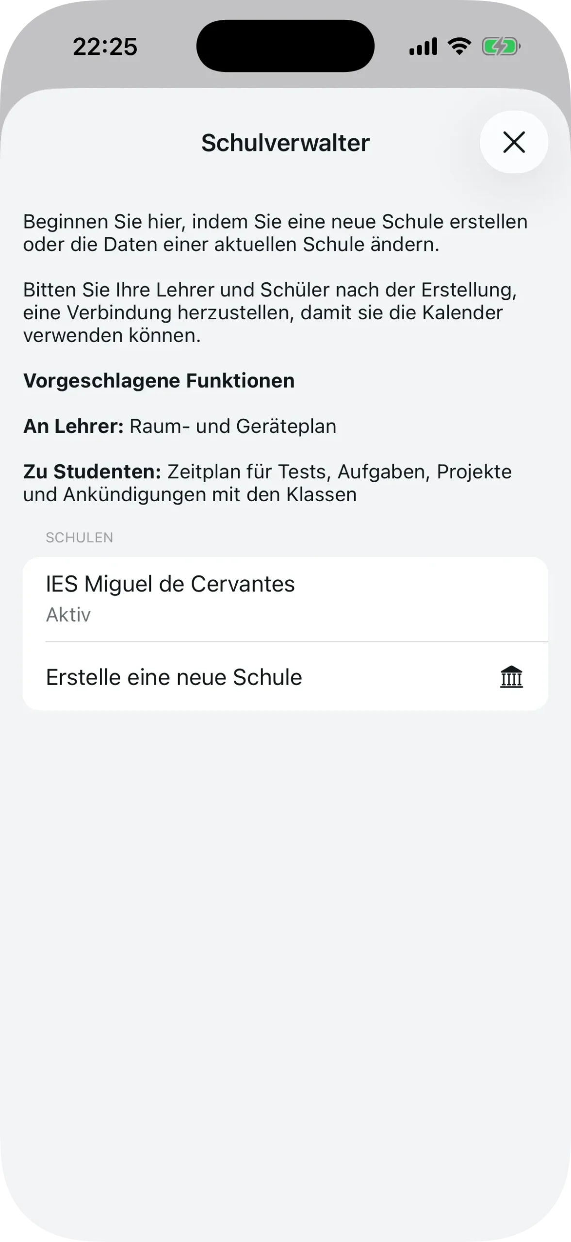 Schulverwaltung mit der Option, eine neue Schule zu erstellen