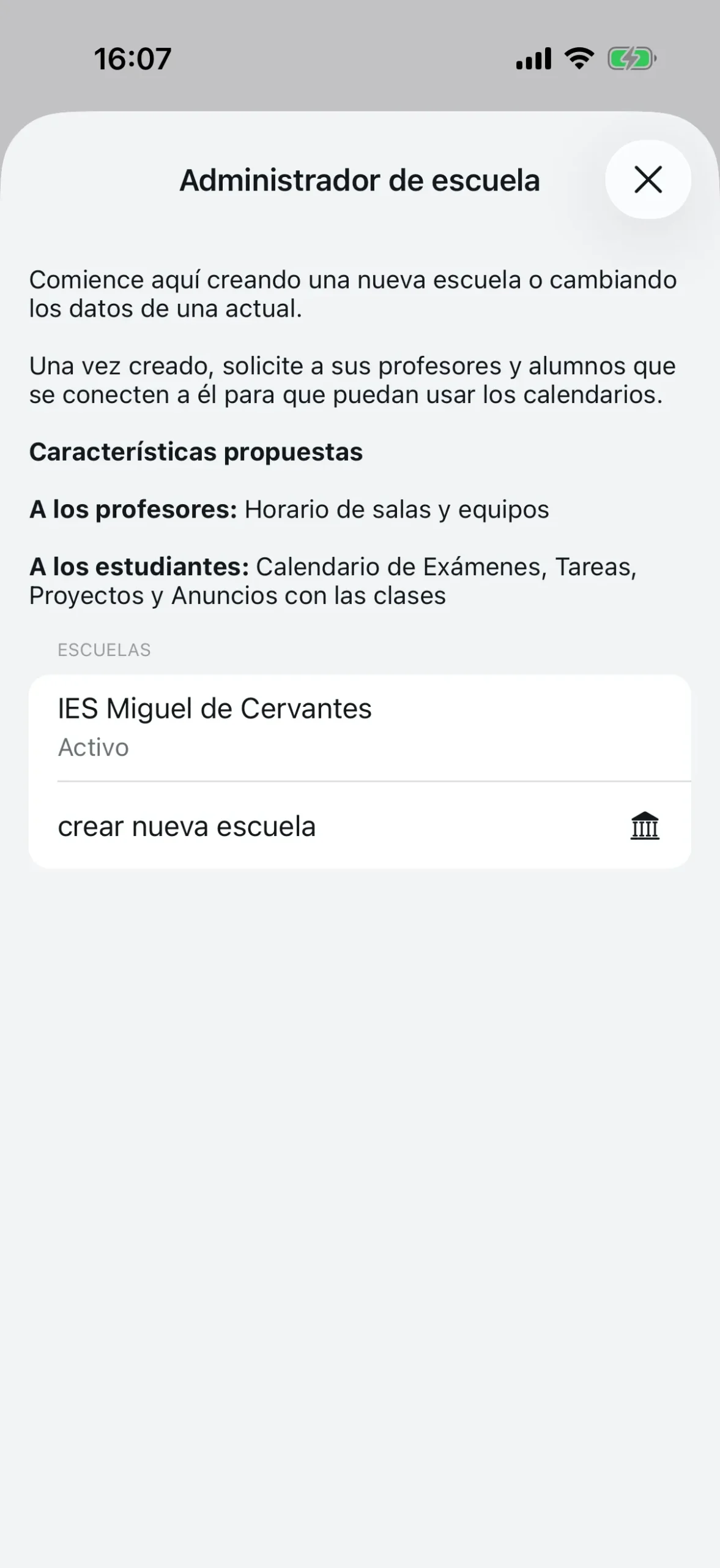 Pantalla de gestión de centros con la opción de crear un nuevo centro