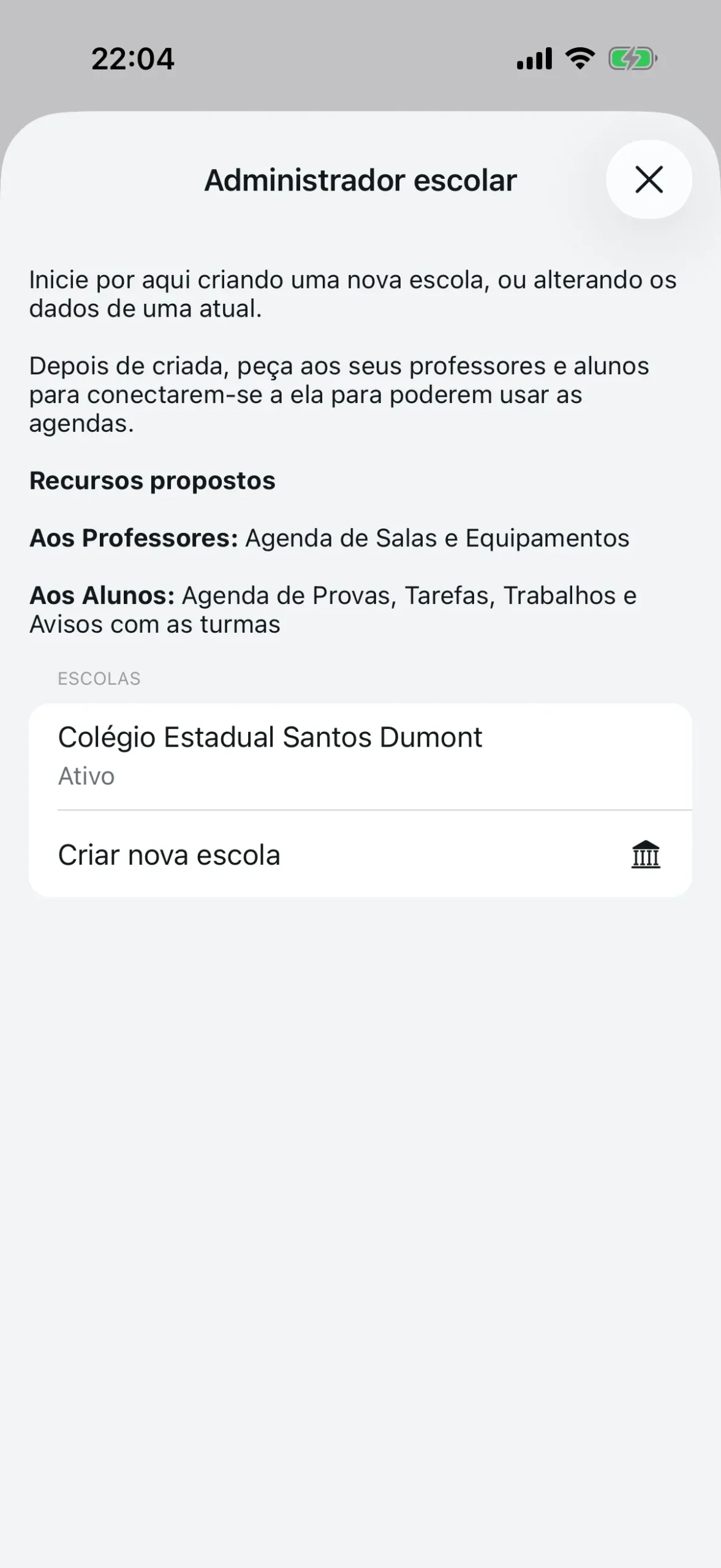 Tela de gerenciamento de escolas com opção de criar nova escola