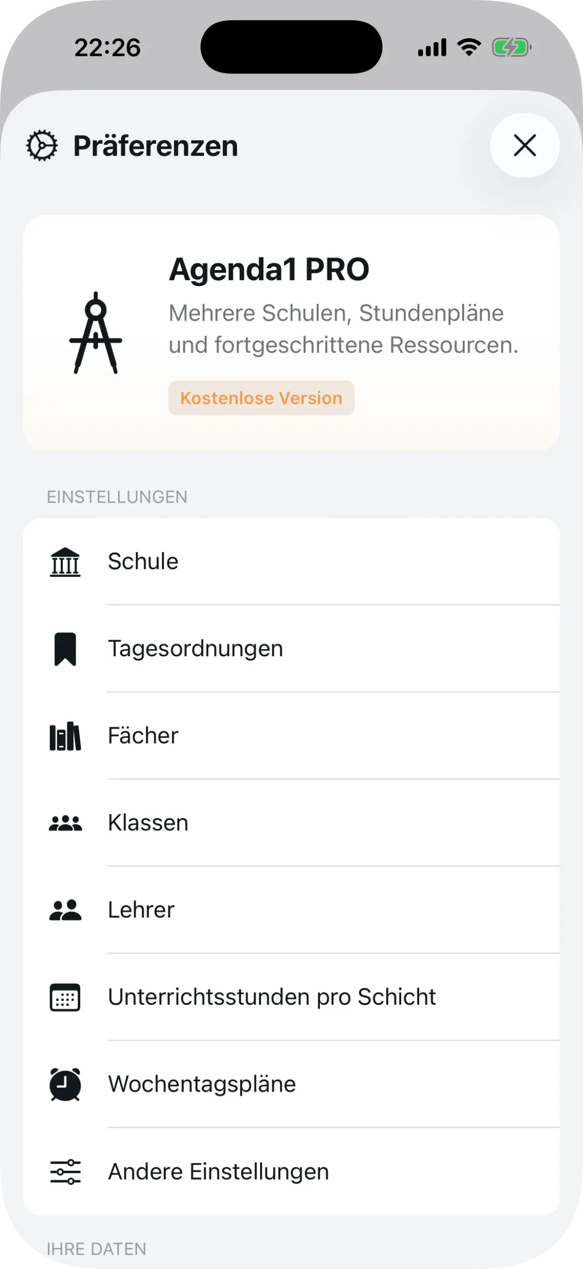 Einstellungsmenü mit Zugang zu allen Konfigurationsbereichen