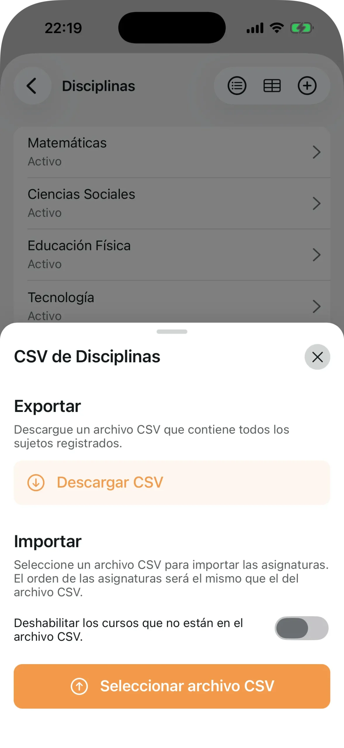 Lista de asignaturas registradas con estado activo