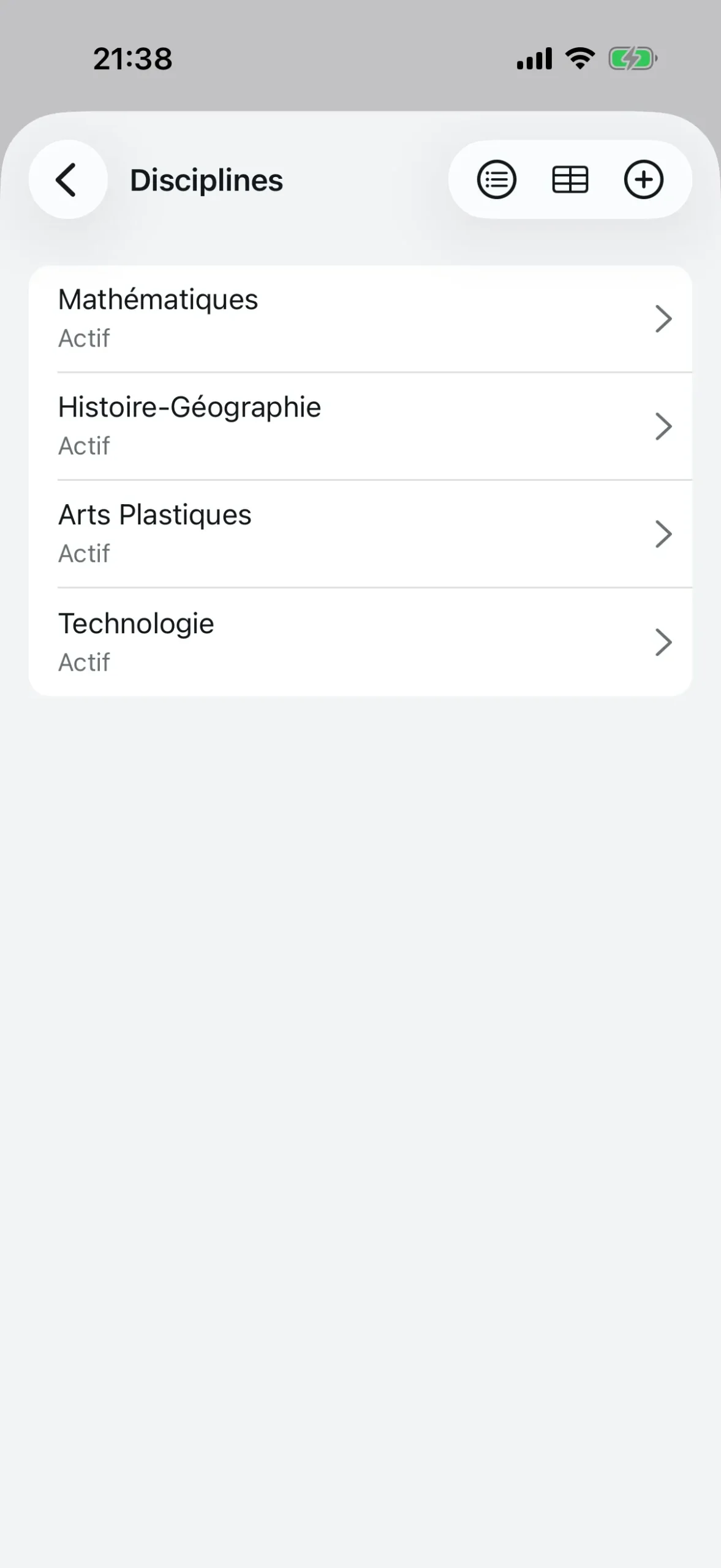 Liste des disciplines ajoutées avec statut actif