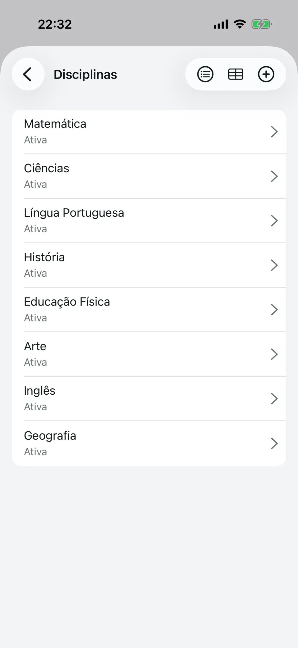 Lista de disciplinas cadastradas com status ativo