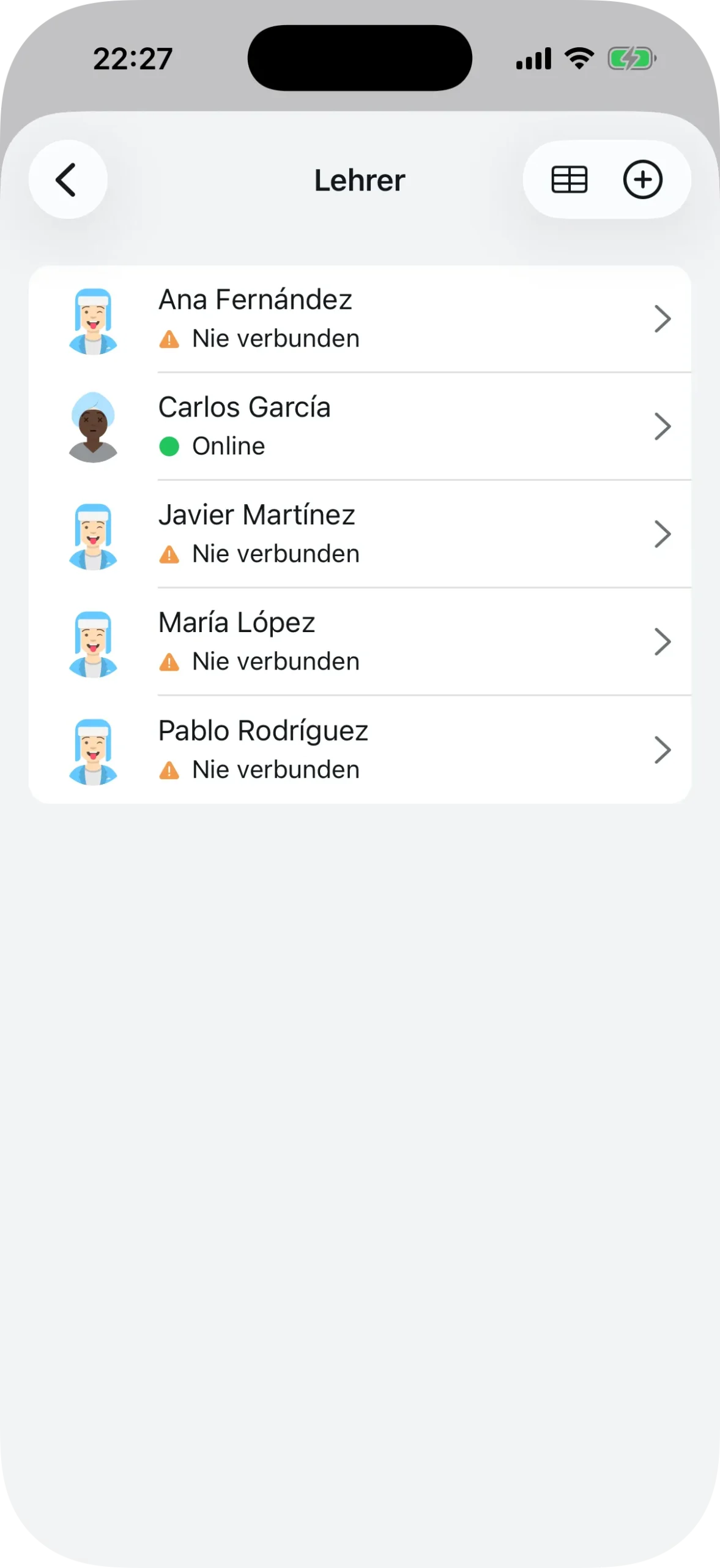 Lehrerliste mit Verbindungsstatus-Anzeige