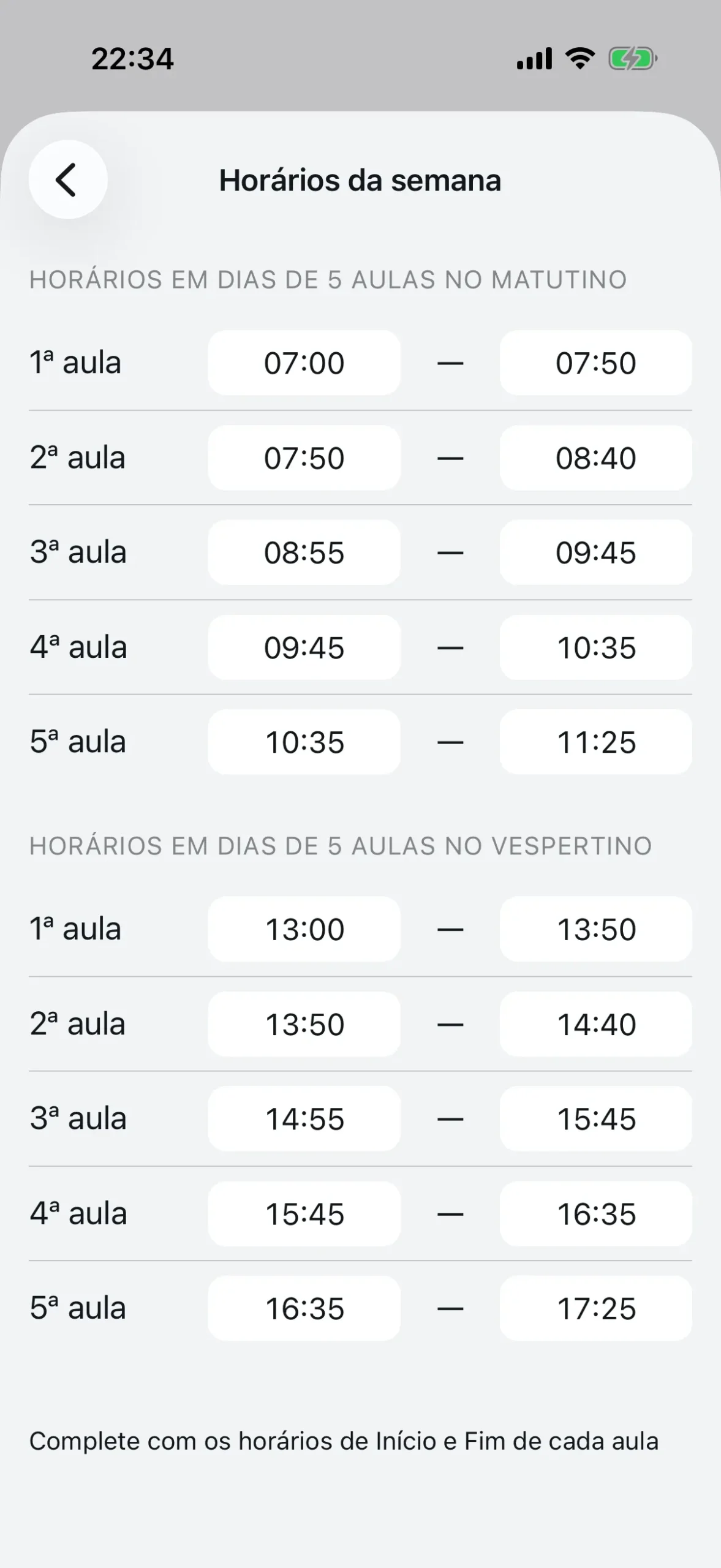 Tela de horários da semana com horários de início e fim para cada aula