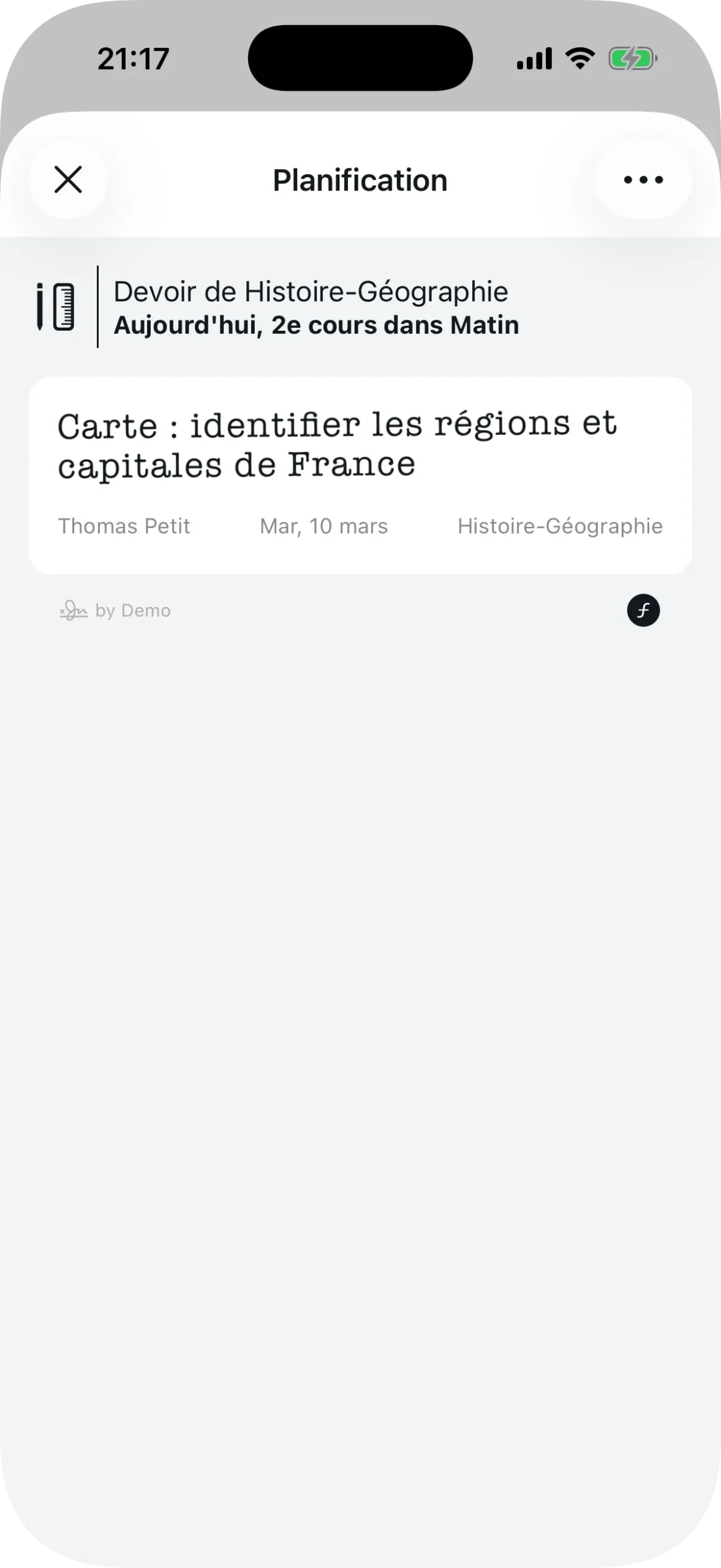 Détail d'un rendez-vous avec titre, discipline, professeur et date