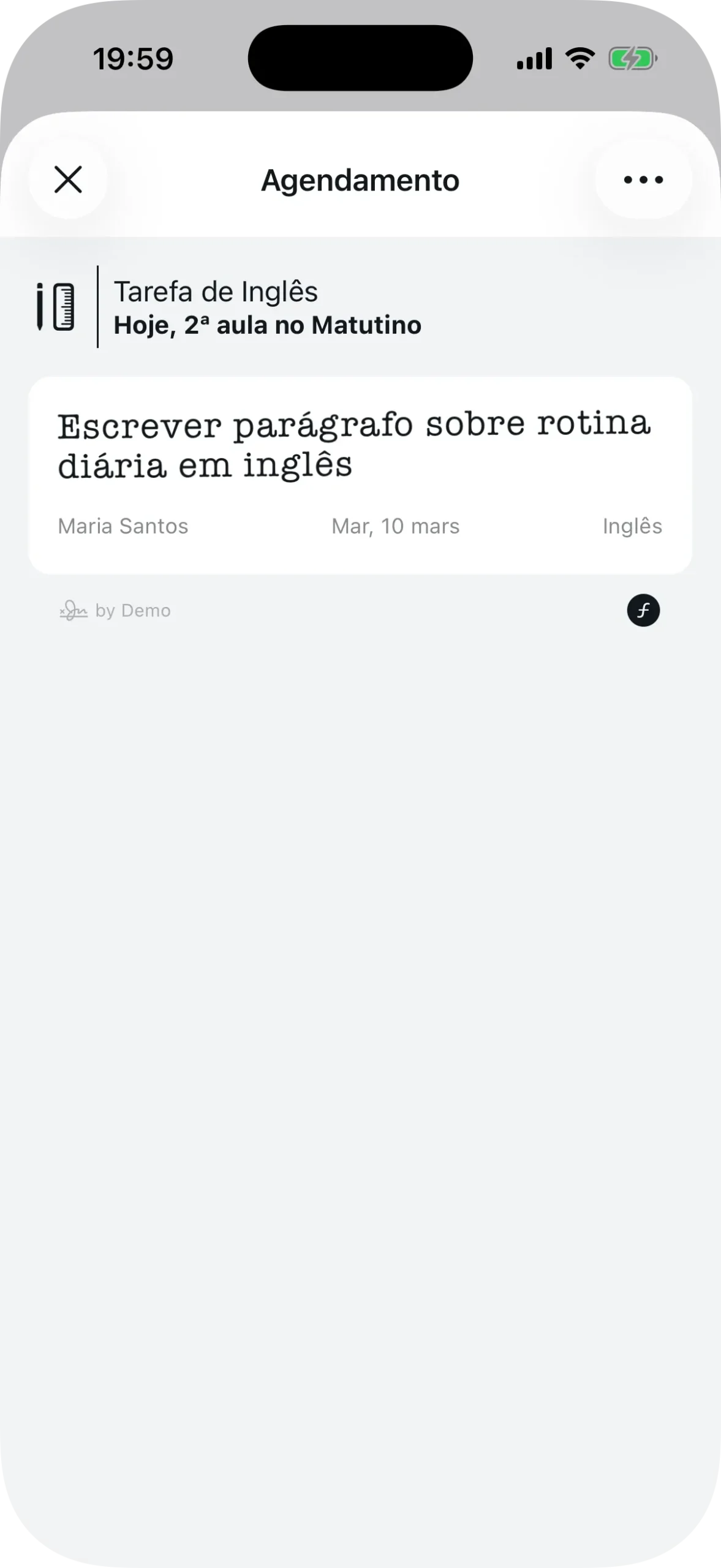 Detalhe de um agendamento mostrando título, disciplina, professor e data