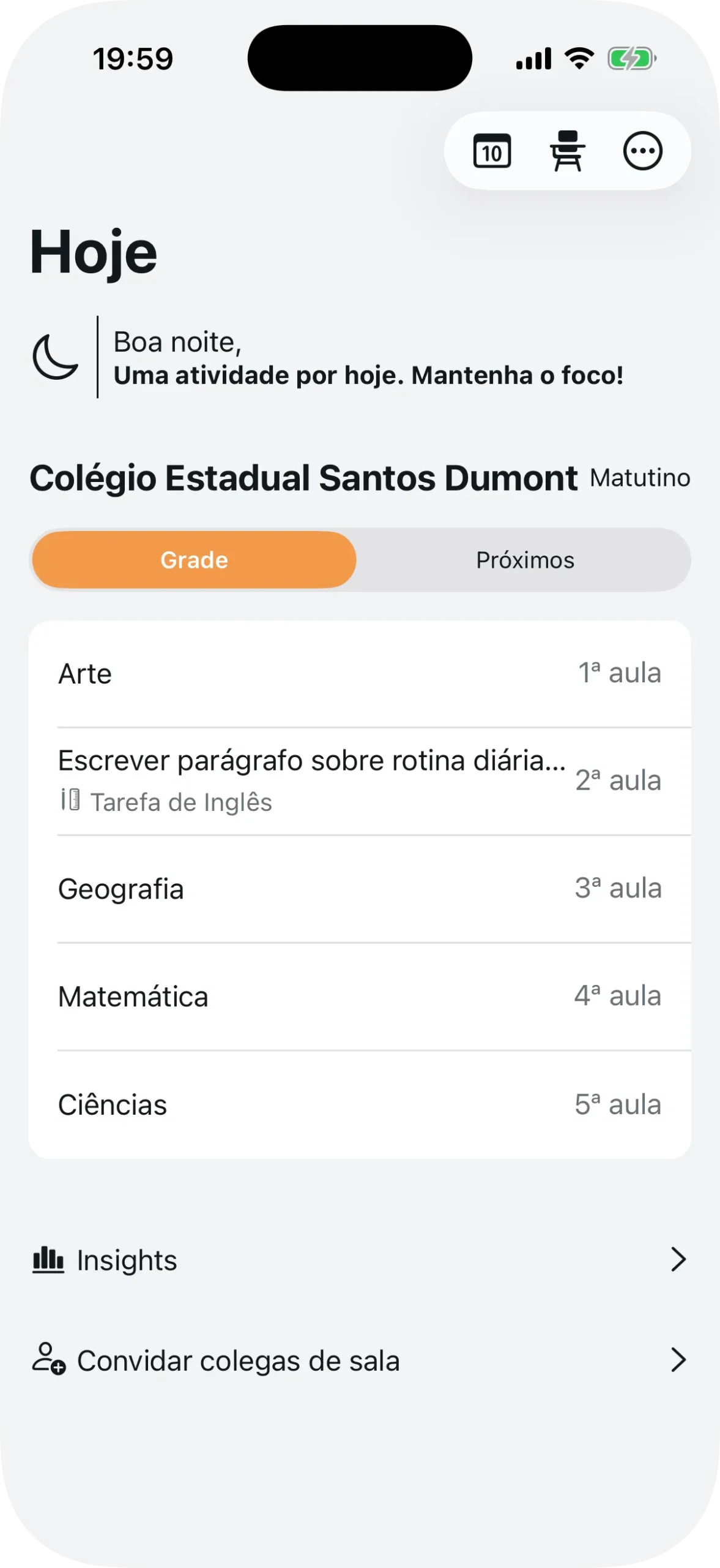 Painel do estudante mostrando a grade de aulas do dia com disciplinas e agendamentos