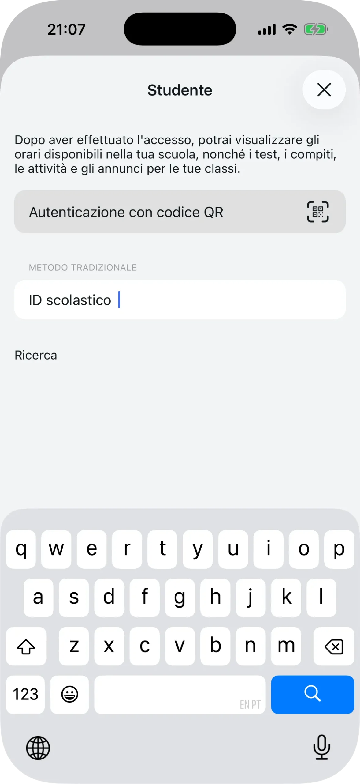 Schermata di connessione dello studente con opzioni QR Code e ID scolastico