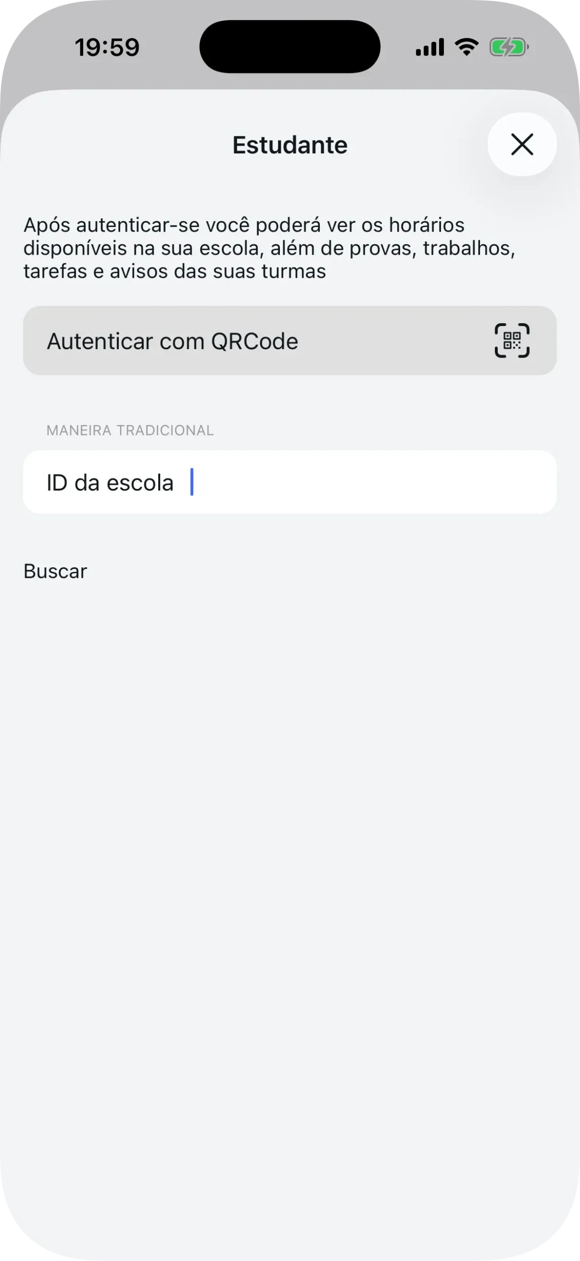Tela de conexão do estudante com opções de QR Code e ID da escola