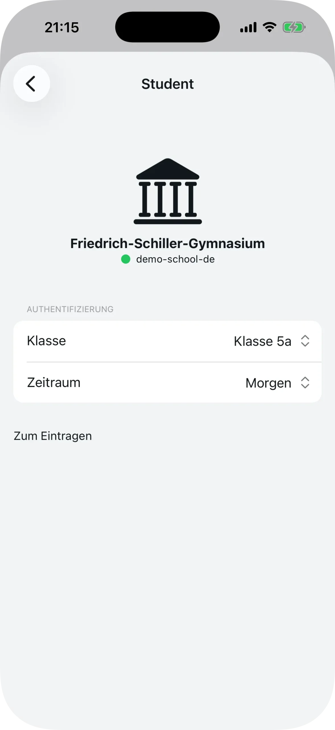 Bestätigungsbildschirm der Schule mit Klassen- und Zeitraumauswahl