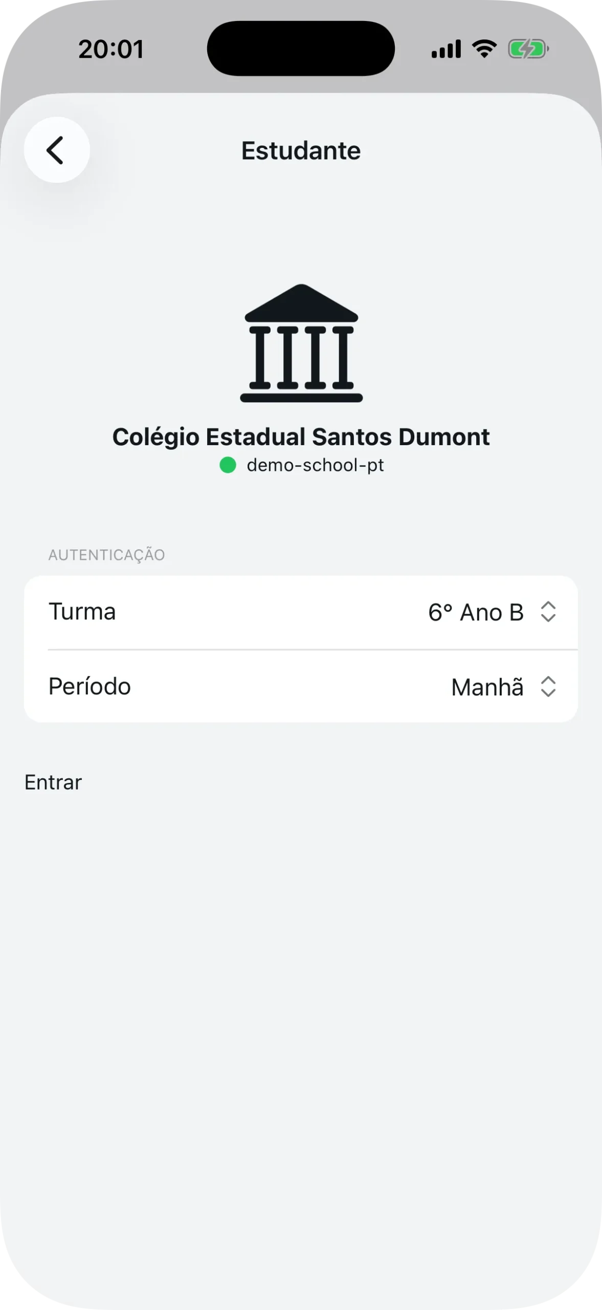 Tela de confirmação da escola com seleção de turma e período
