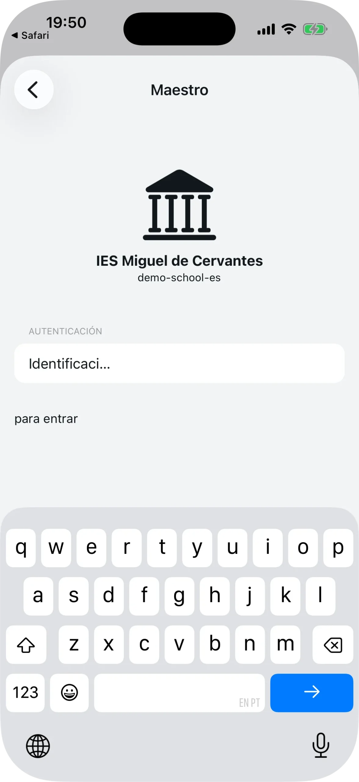 Pantalla de confirmación del centro con campo para introducir el identificador de profesor