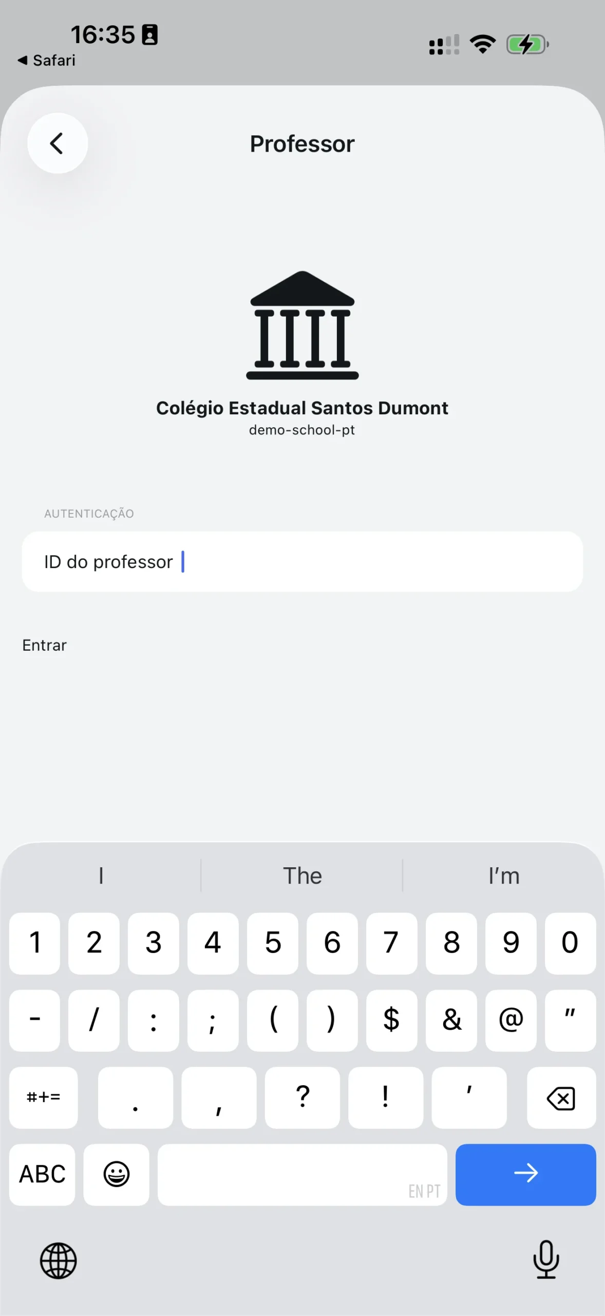 Tela de confirmação da escola com campo para digitar o código de referência do professor