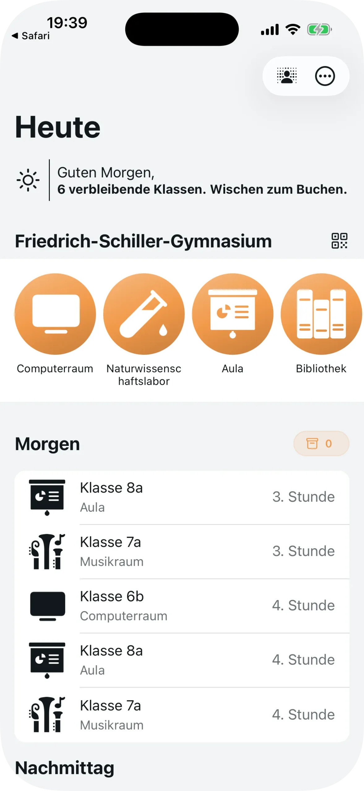 Lehrer-Dashboard mit Buchungen des Tages und Navigationsbuttons