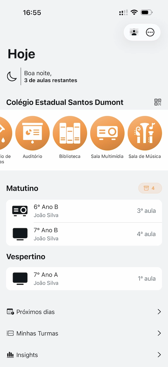 Painel do professor com reservas do dia e botões de navegação