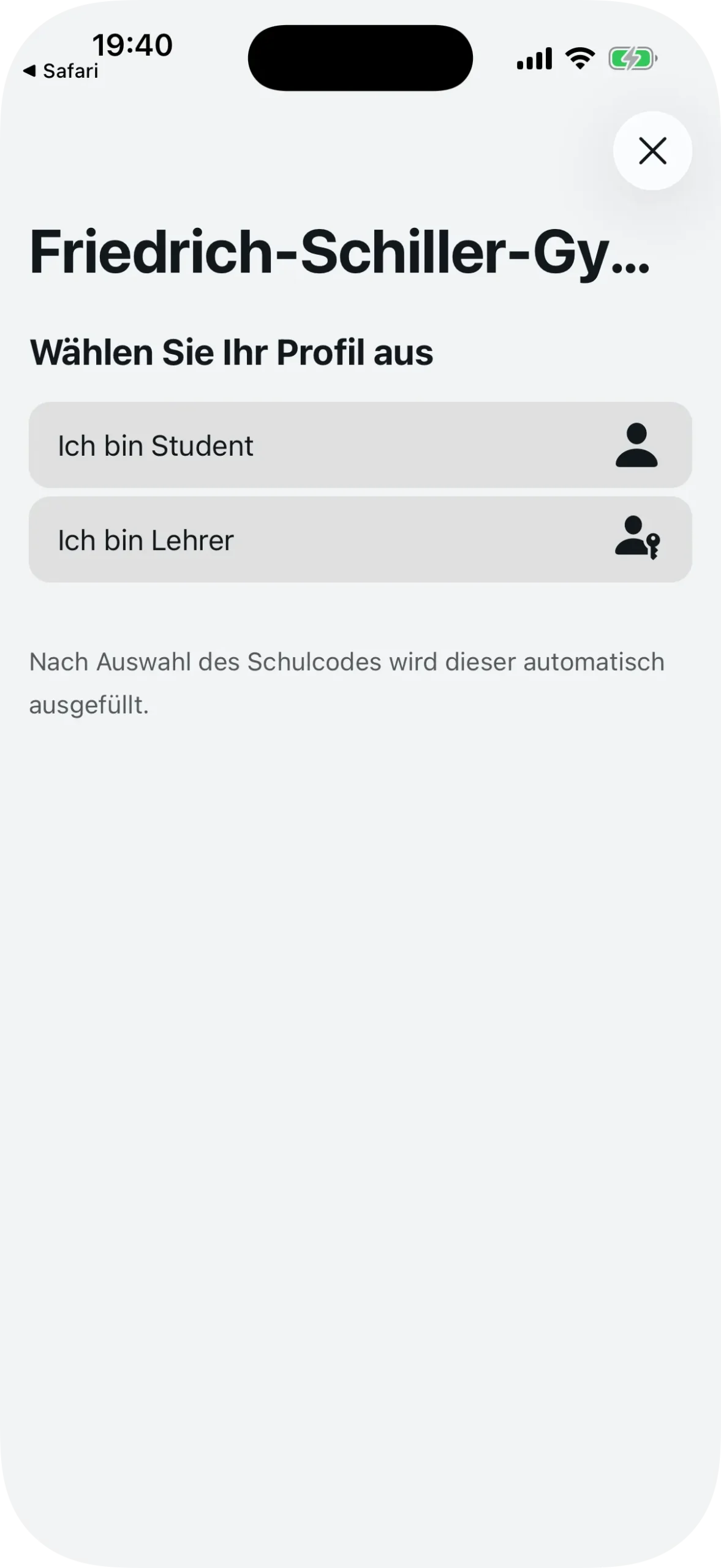 Profilauswahl nach dem Öffnen des Einladungslinks der Schule