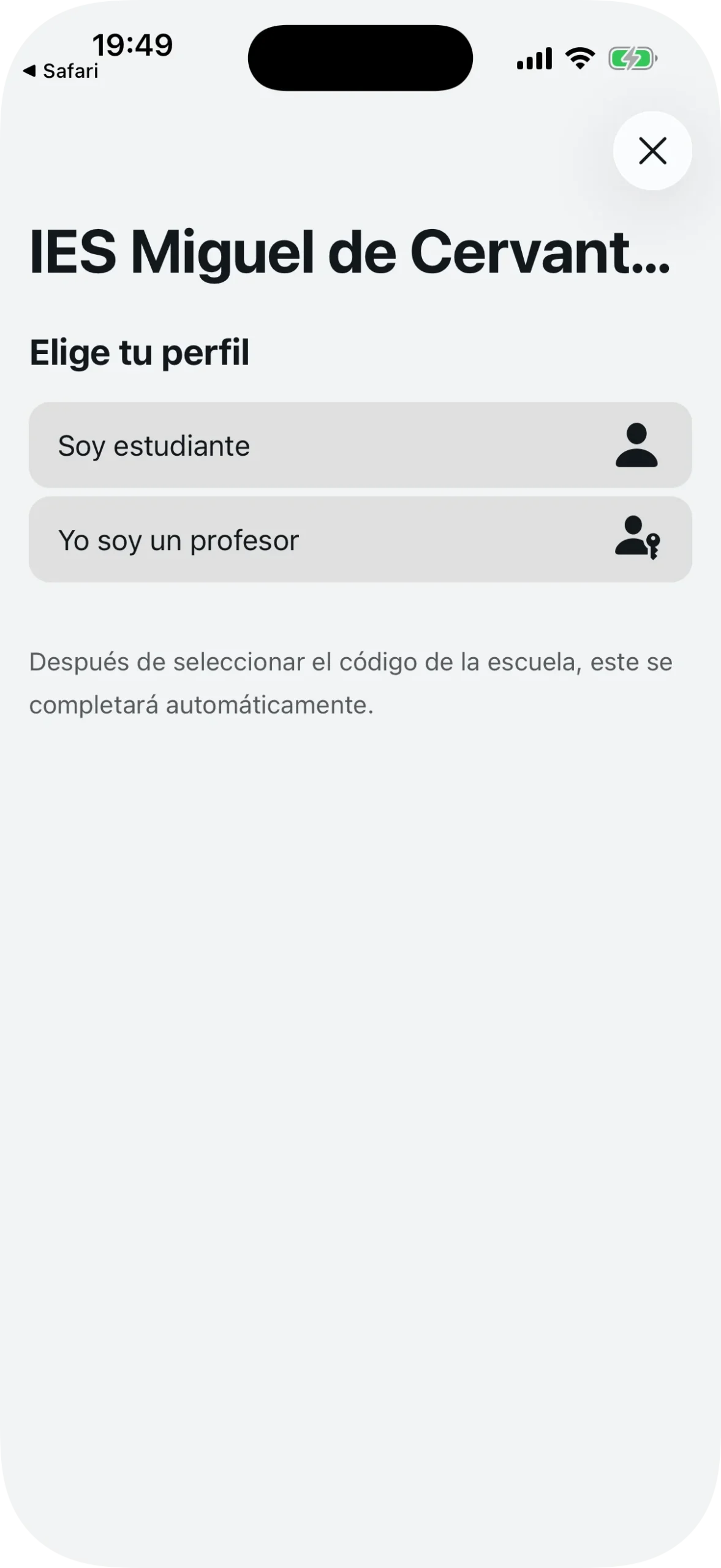 Selección de perfil después de abrir el enlace de invitación del centro