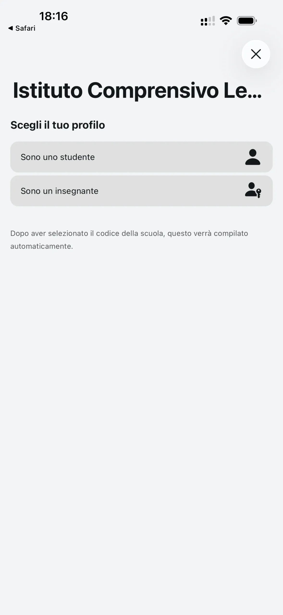 Selezione del profilo dopo aver aperto il link di invito della scuola