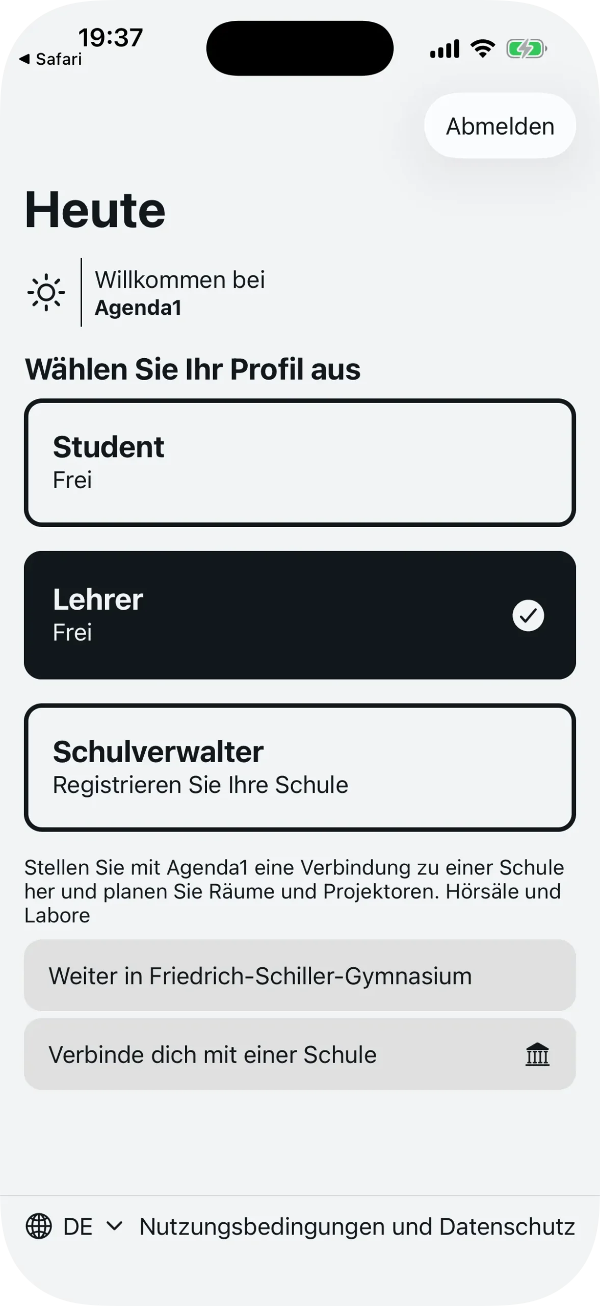 Startbildschirm von Agenda1 mit ausgewähltem Lehrer-Profil und Verbindungsbutton