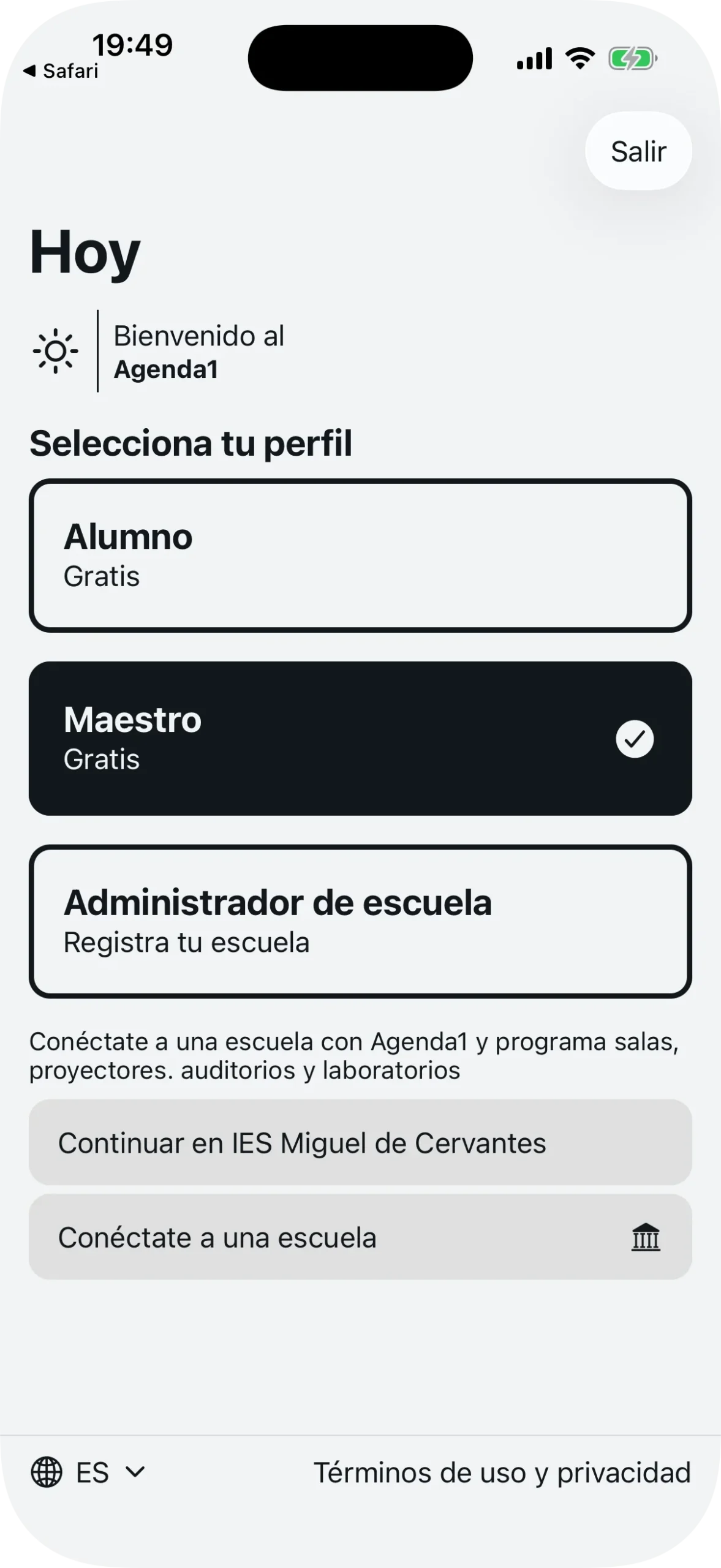 Pantalla de inicio de Agenda1 con el perfil Profesor seleccionado y botón de conexión