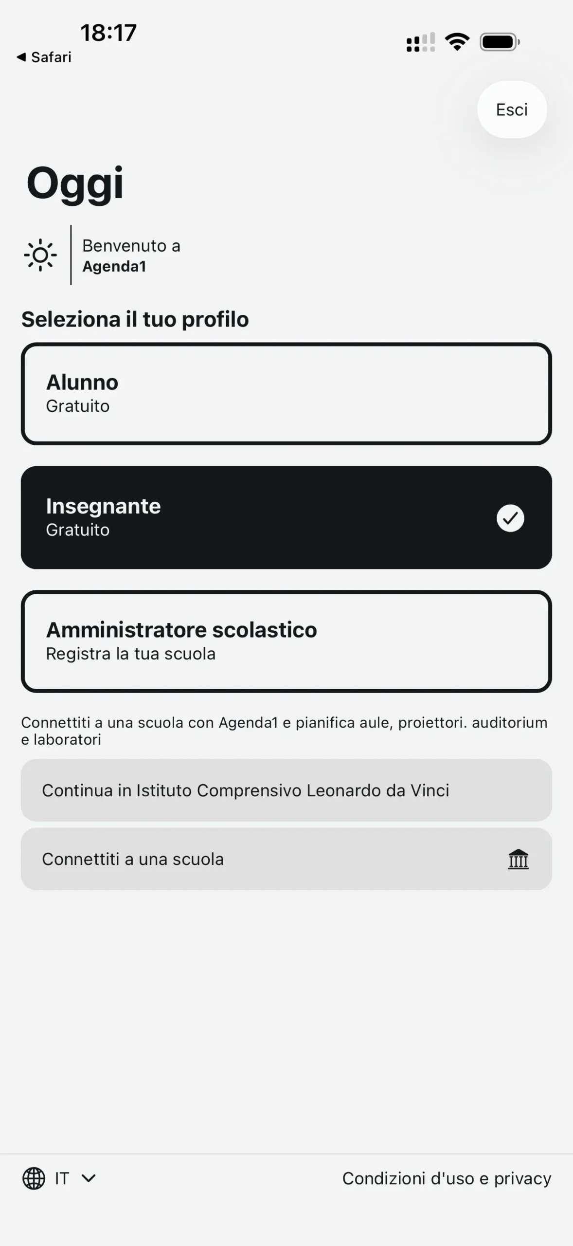 Schermata iniziale di Agenda1 con profilo insegnante selezionato e pulsante di collegamento