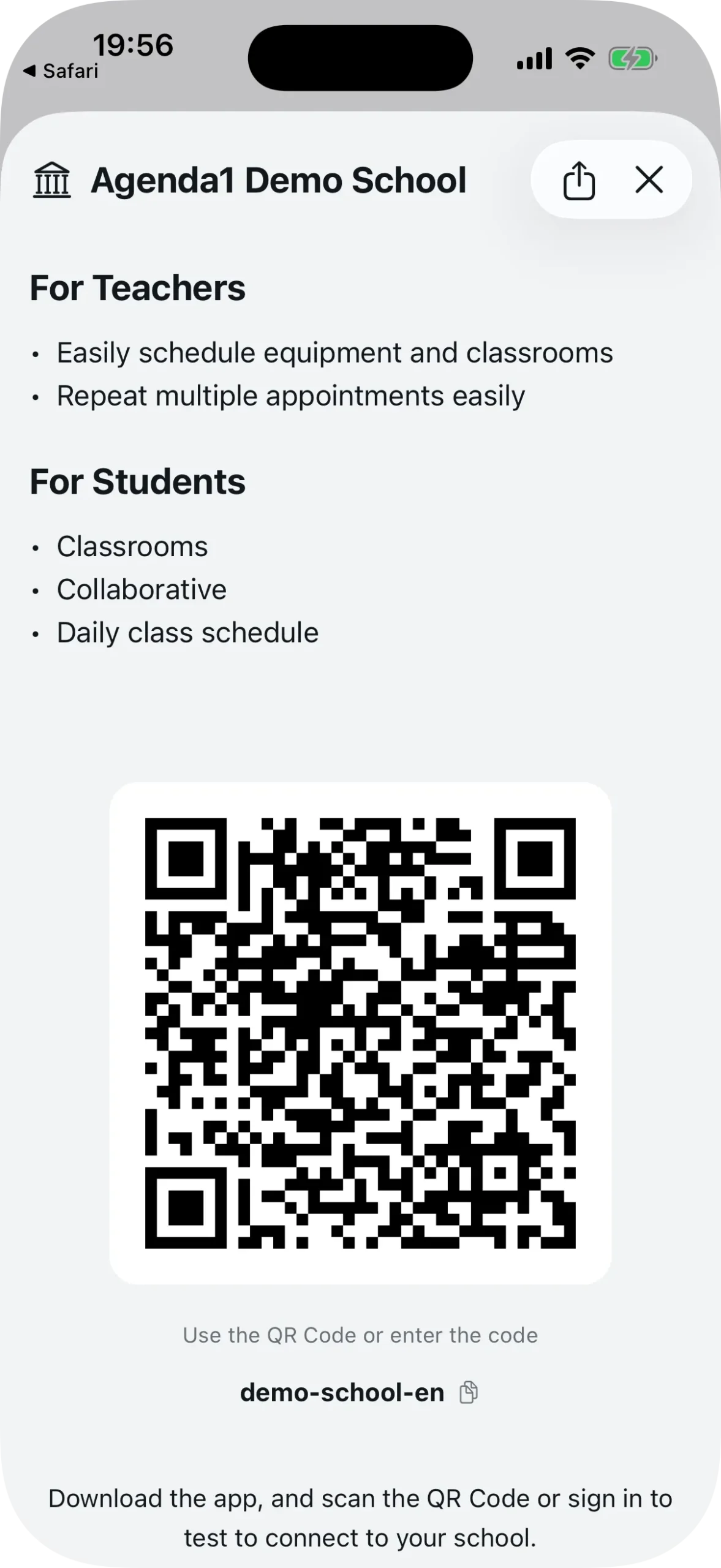 Invitation screen accessible by the teacher to share the school's QR Code