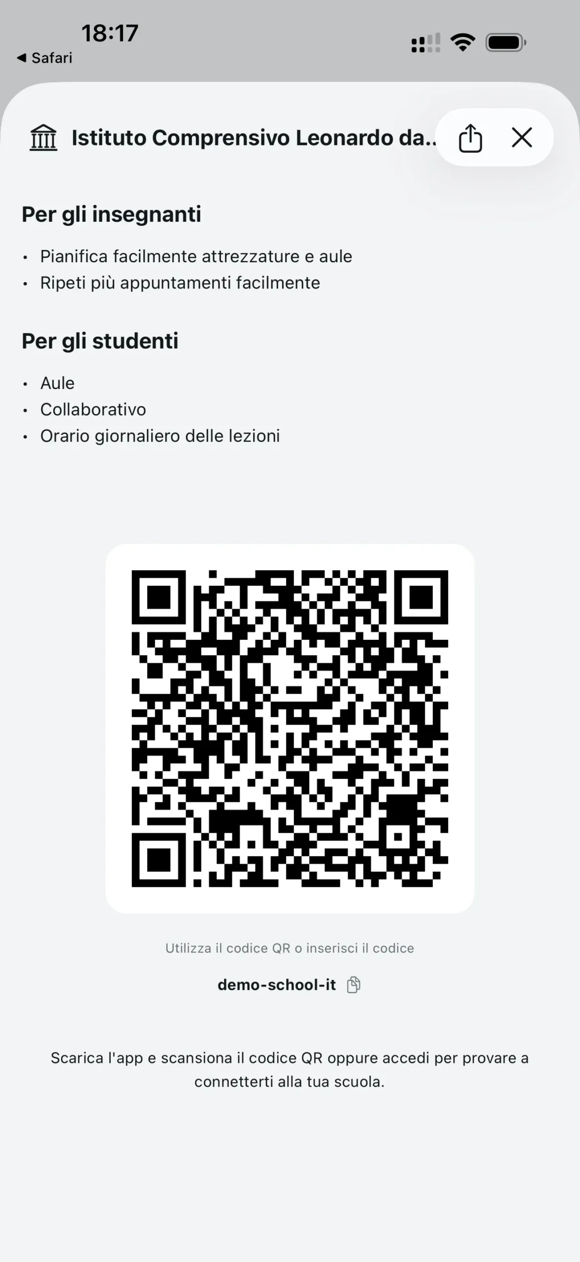 Schermata di invito accessibile dall'insegnante per condividere il QR Code della scuola