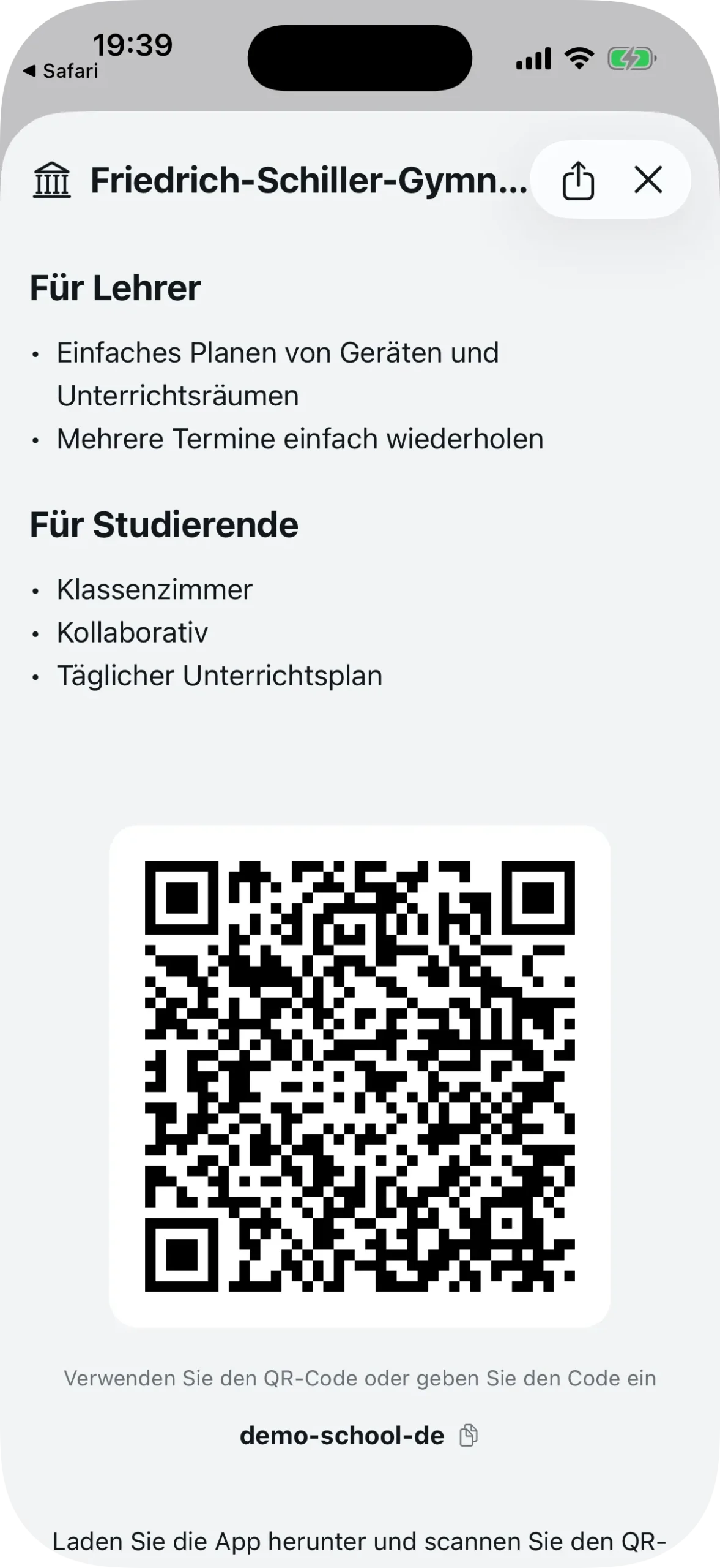 Detailansicht der Schule mit QR-Code und Schulcode zum Kopieren