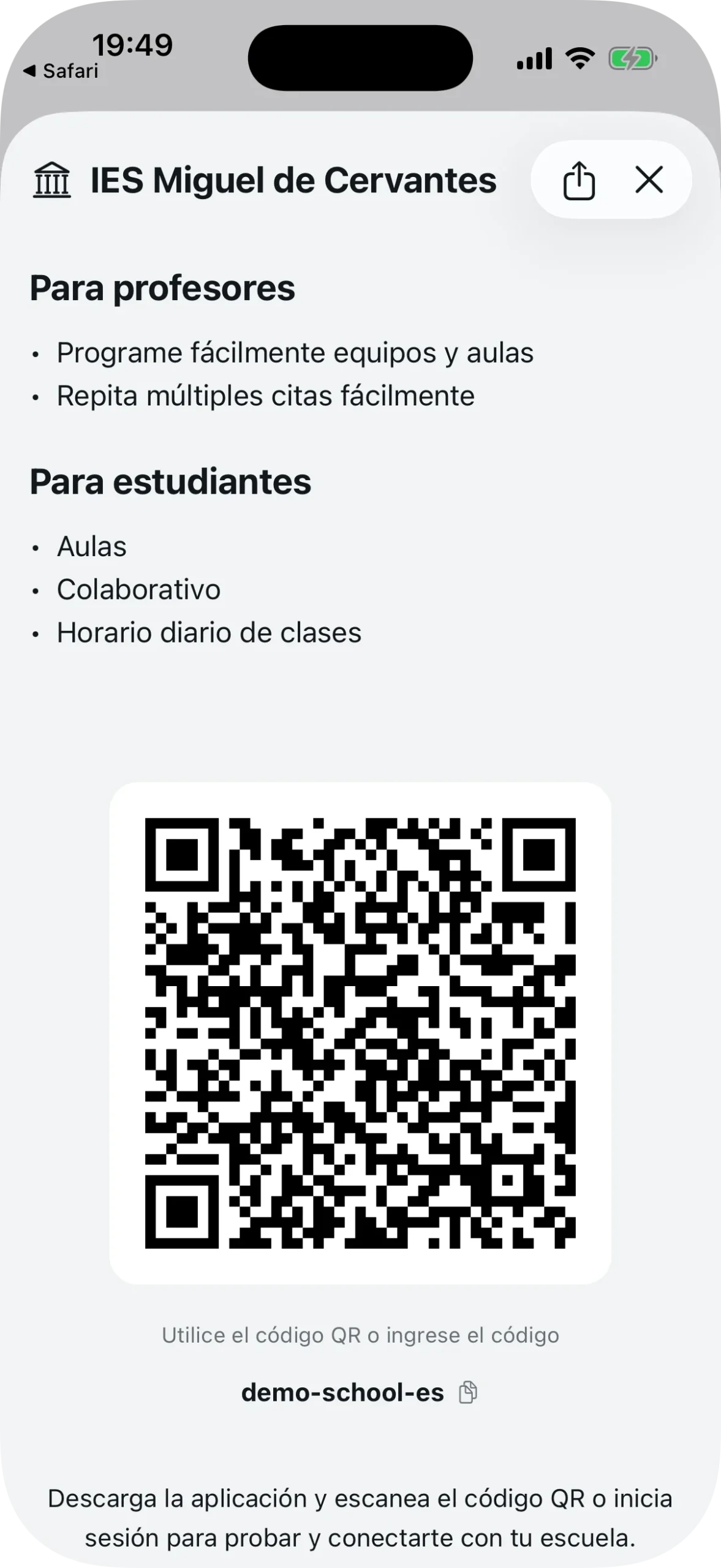 Pantalla de detalles del centro con código QR e identificador para copiar