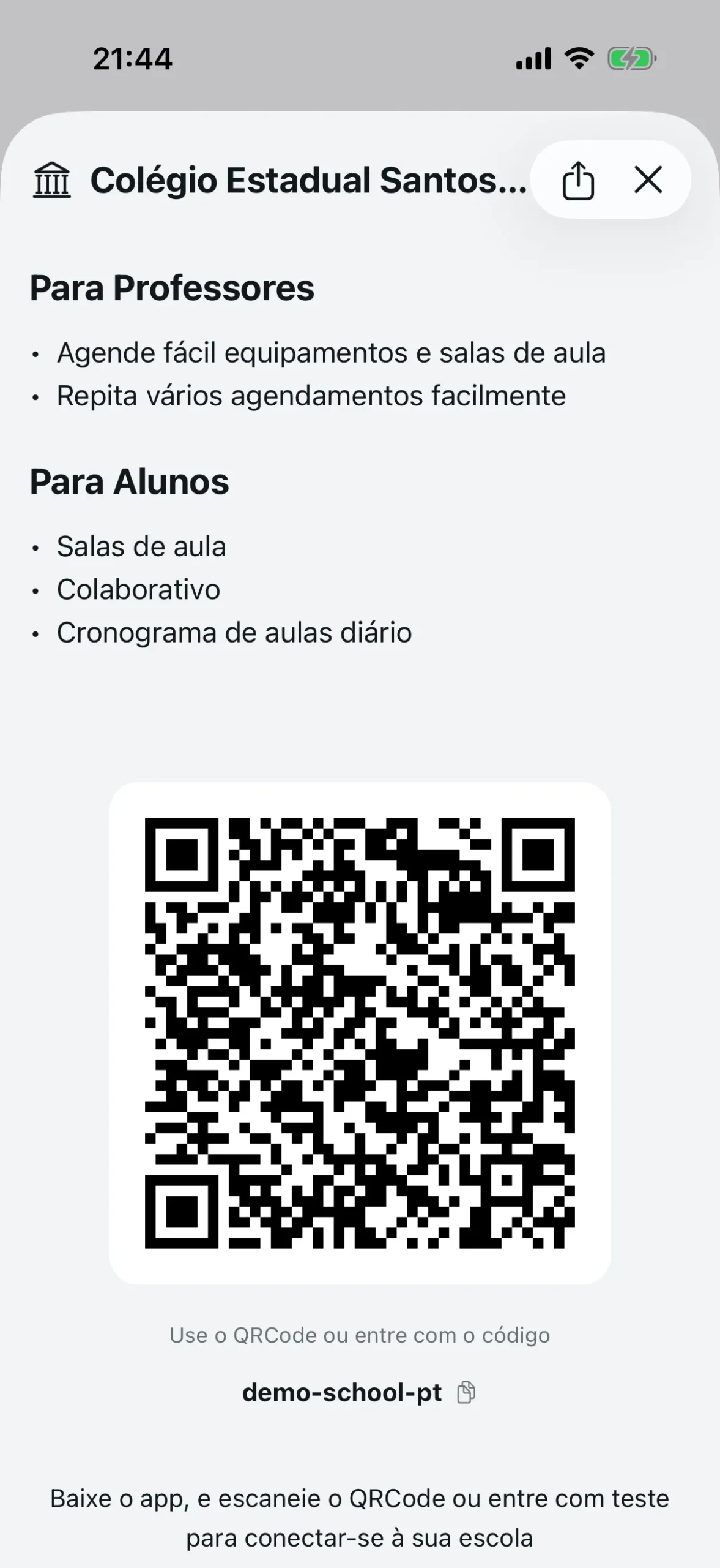 Tela de detalhes da escola com QR Code e código identificador para copiar