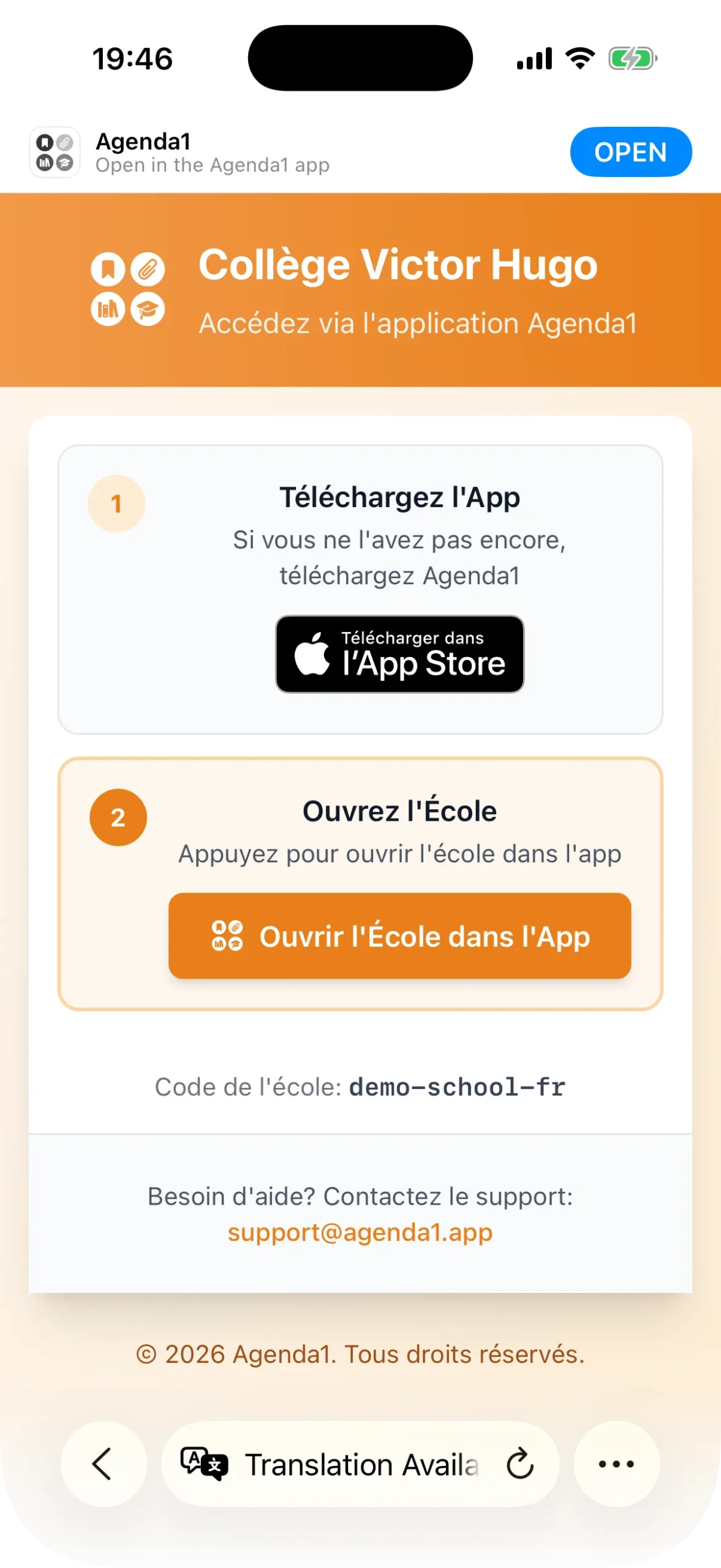 Page schools.agenda1.app dans le navigateur avec le nom de l'etablissement et boutons de telechargement