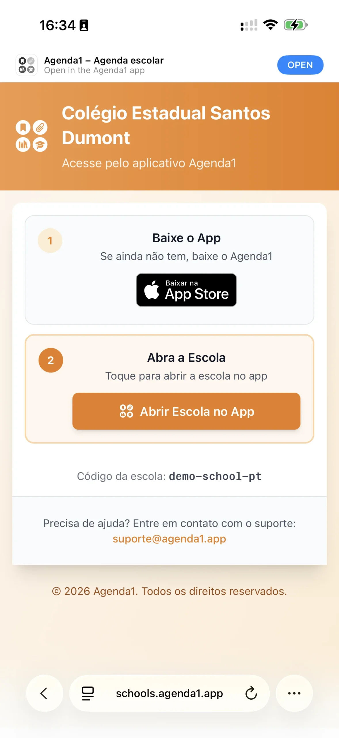 Tela de detalhes da escola com QR Code e código identificador para copiar